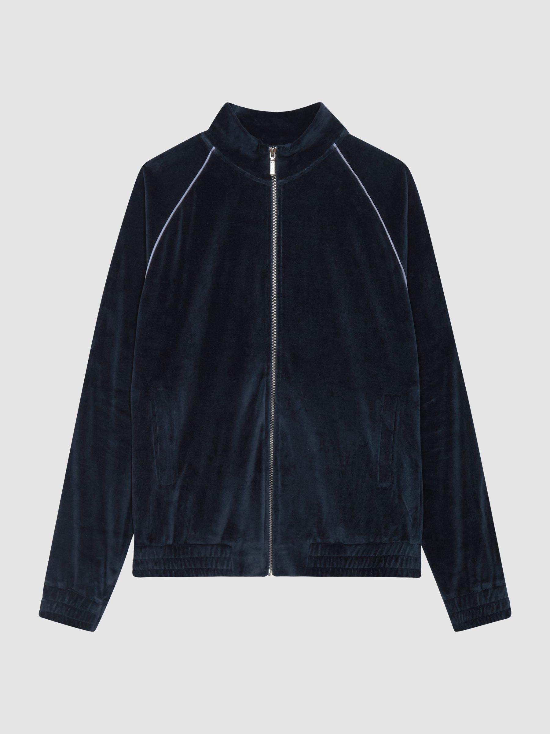 Velour Zip Through Jacket With Piping in Navy - Image 2 of 10