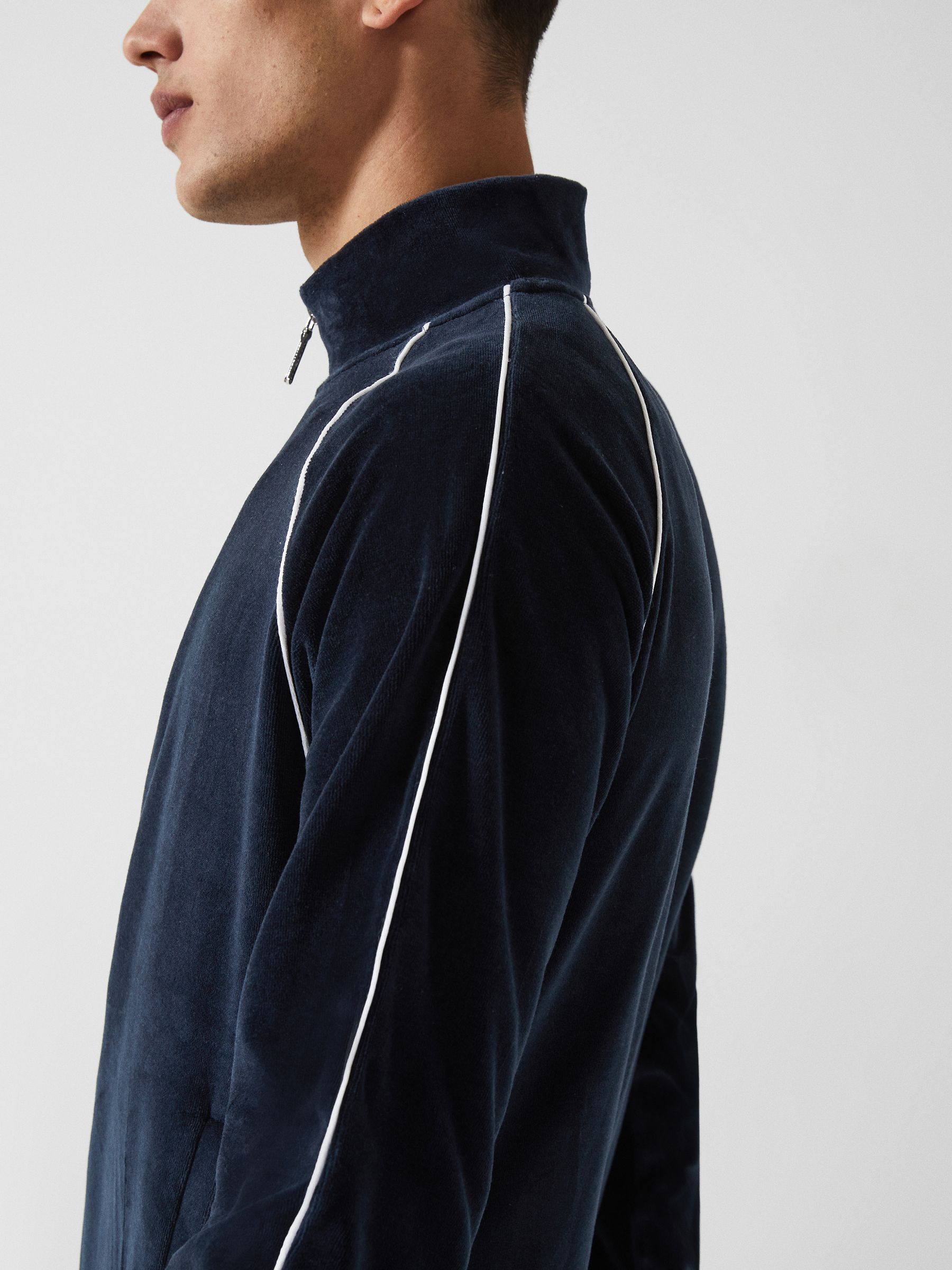 Velour Zip Through Jacket With Piping in Navy - Image 4 of 10