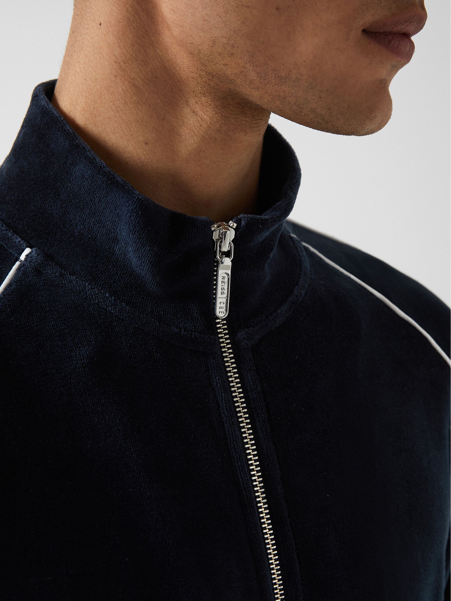 Velour Zip Through Jacket With Piping in Navy - Image 6 of 10