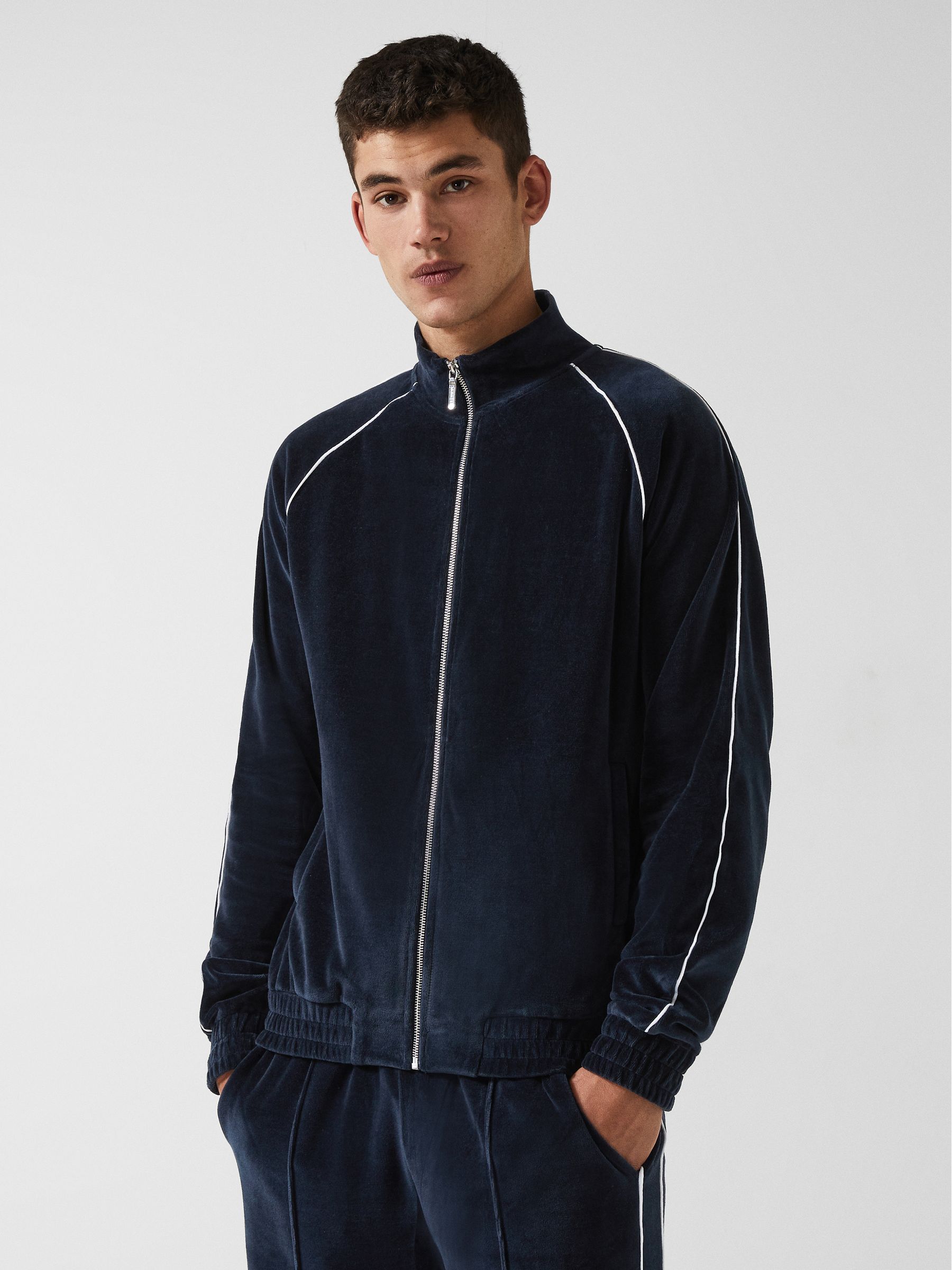 Velour Zip Through Jacket With Piping in Navy - Image 9 of 10