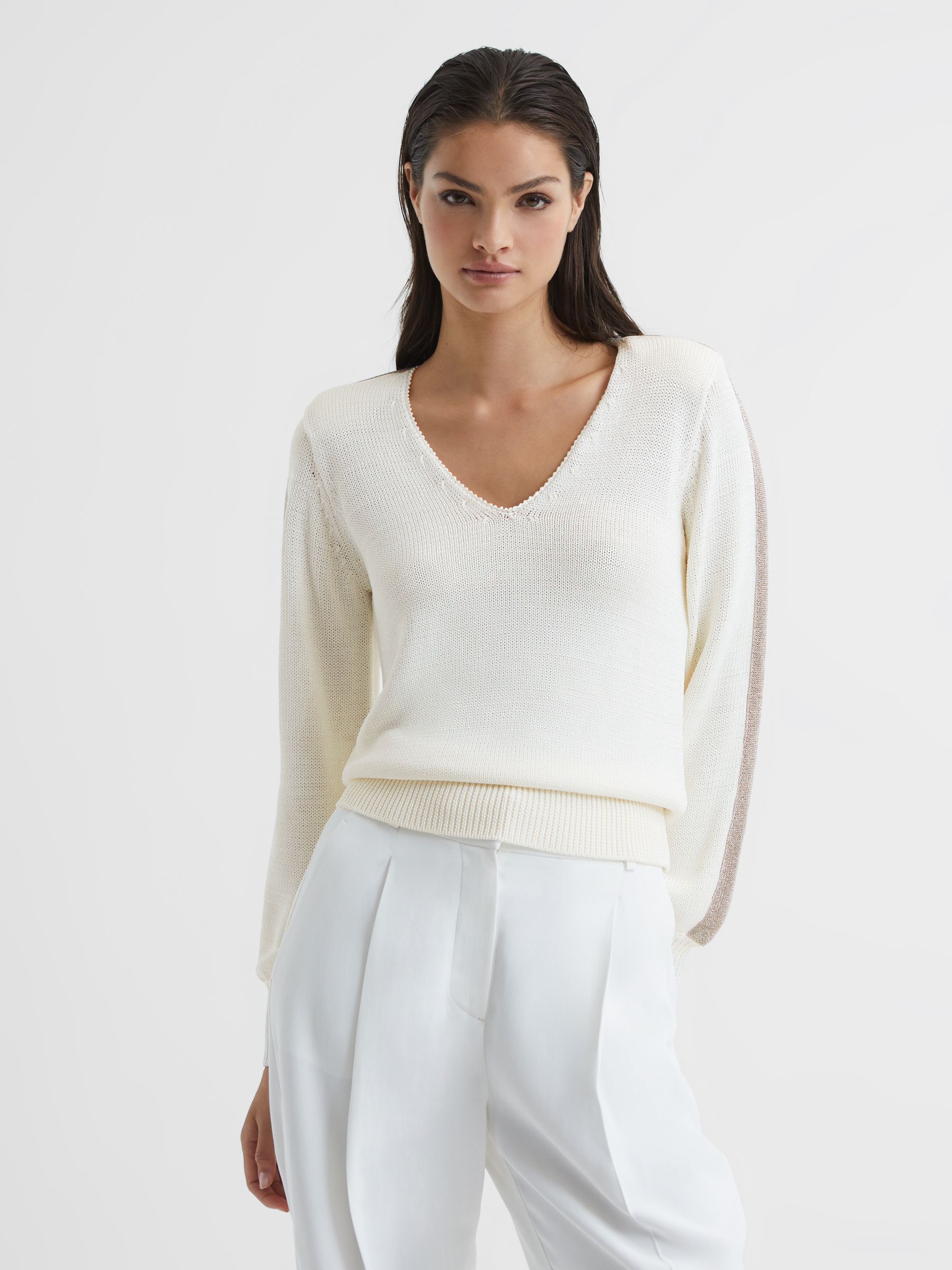 Colourblock V-Neck Knitted Jumper in Ivory/Gold - Image 1 of 7 Colourblock V-Neck Knitted Jumper in Ivory/Gold - Image 1 of 7