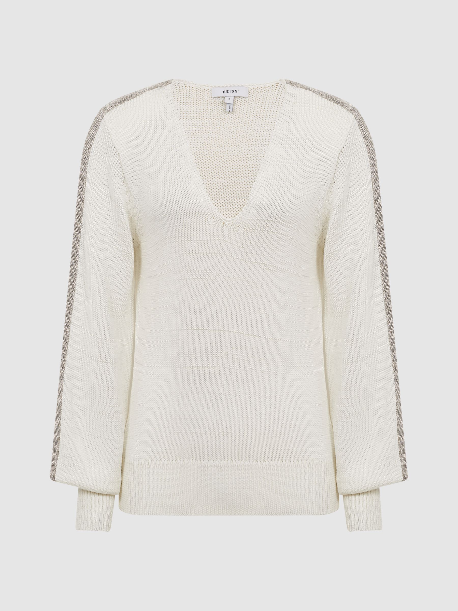 Colourblock V-Neck Knitted Jumper in Ivory/Gold - Image 2 of 7