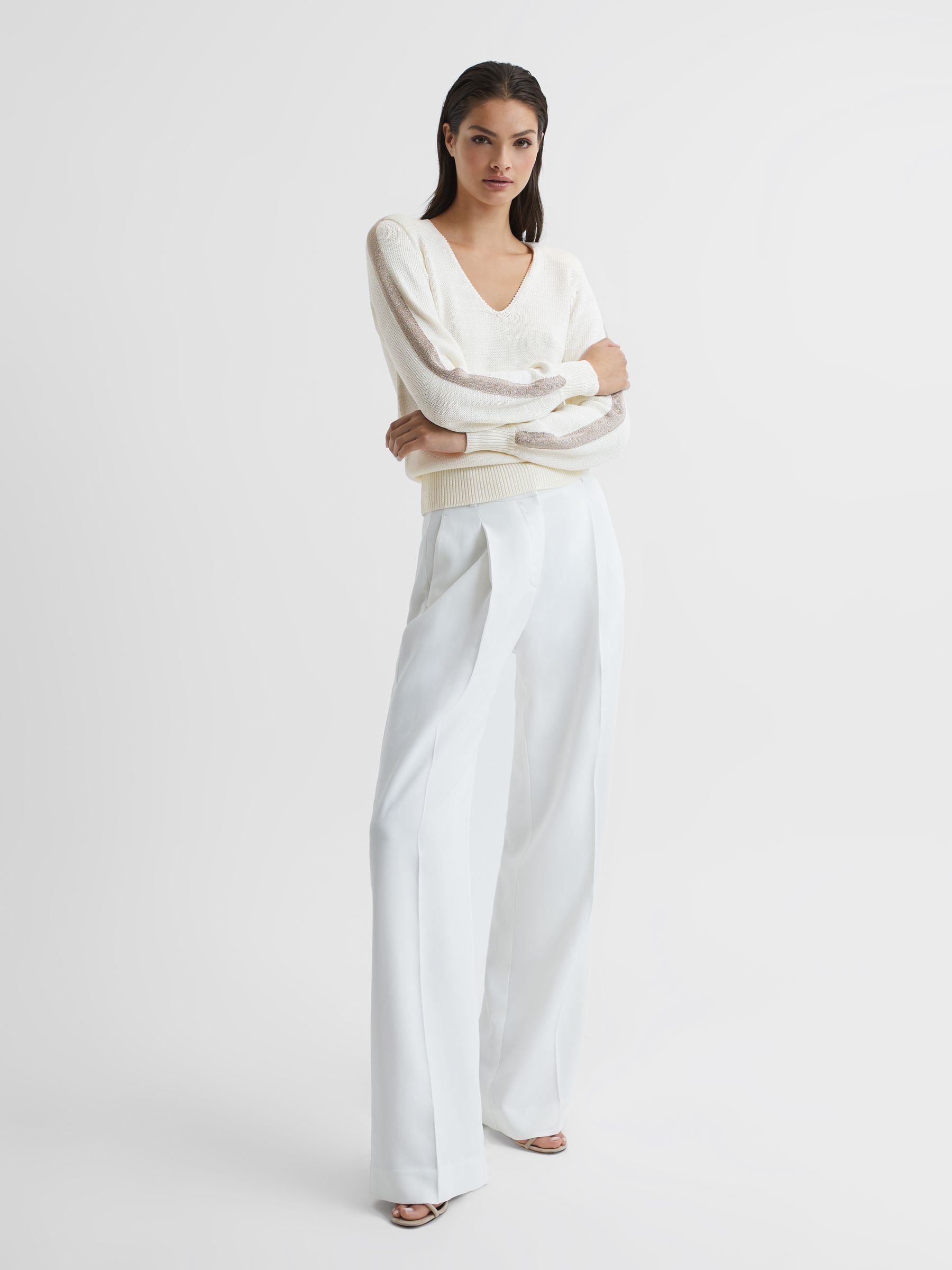 Colourblock V-Neck Knitted Jumper in Ivory/Gold - Image 3 of 7