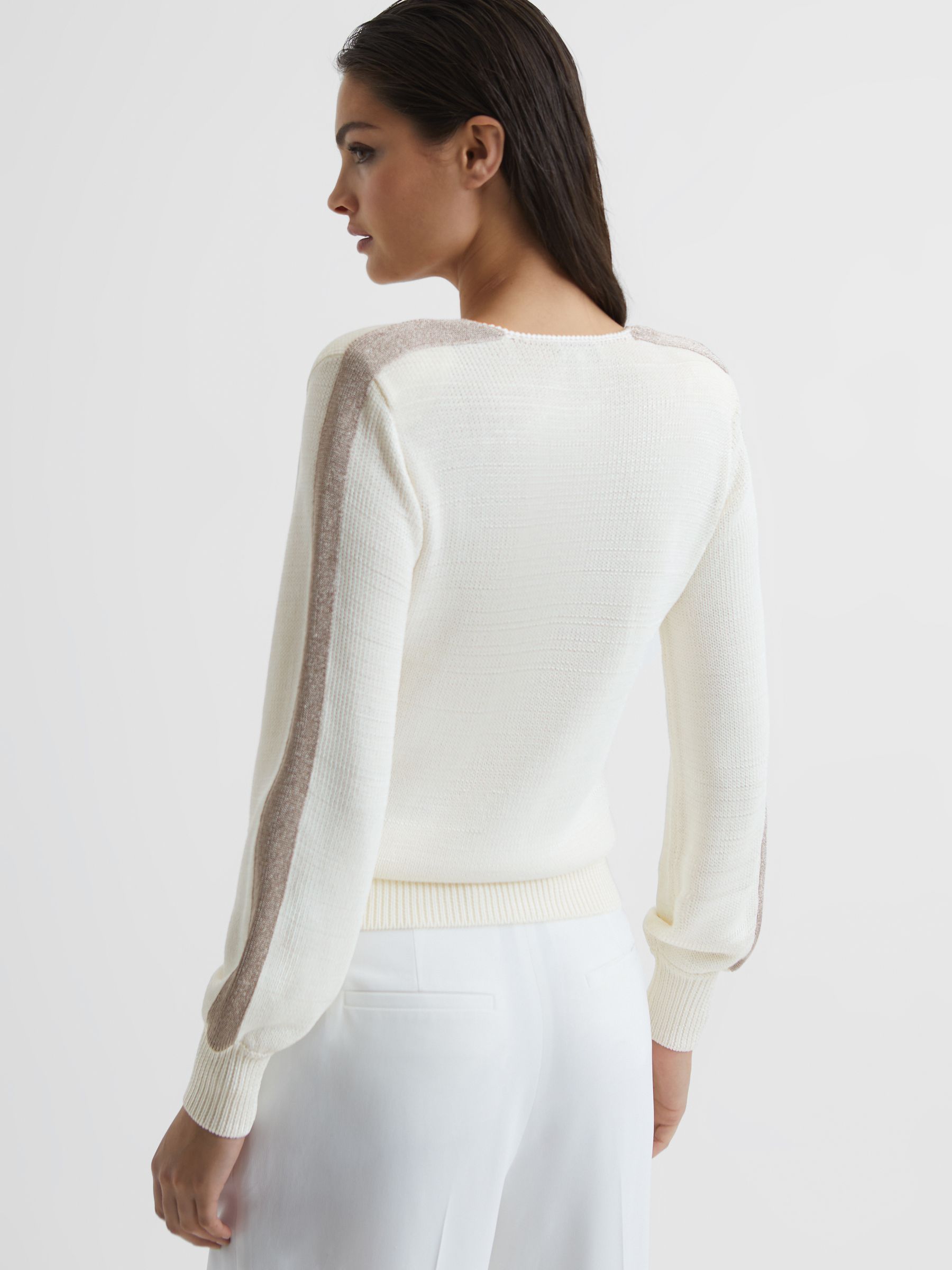 Colourblock V-Neck Knitted Jumper in Ivory/Gold - Image 5 of 7