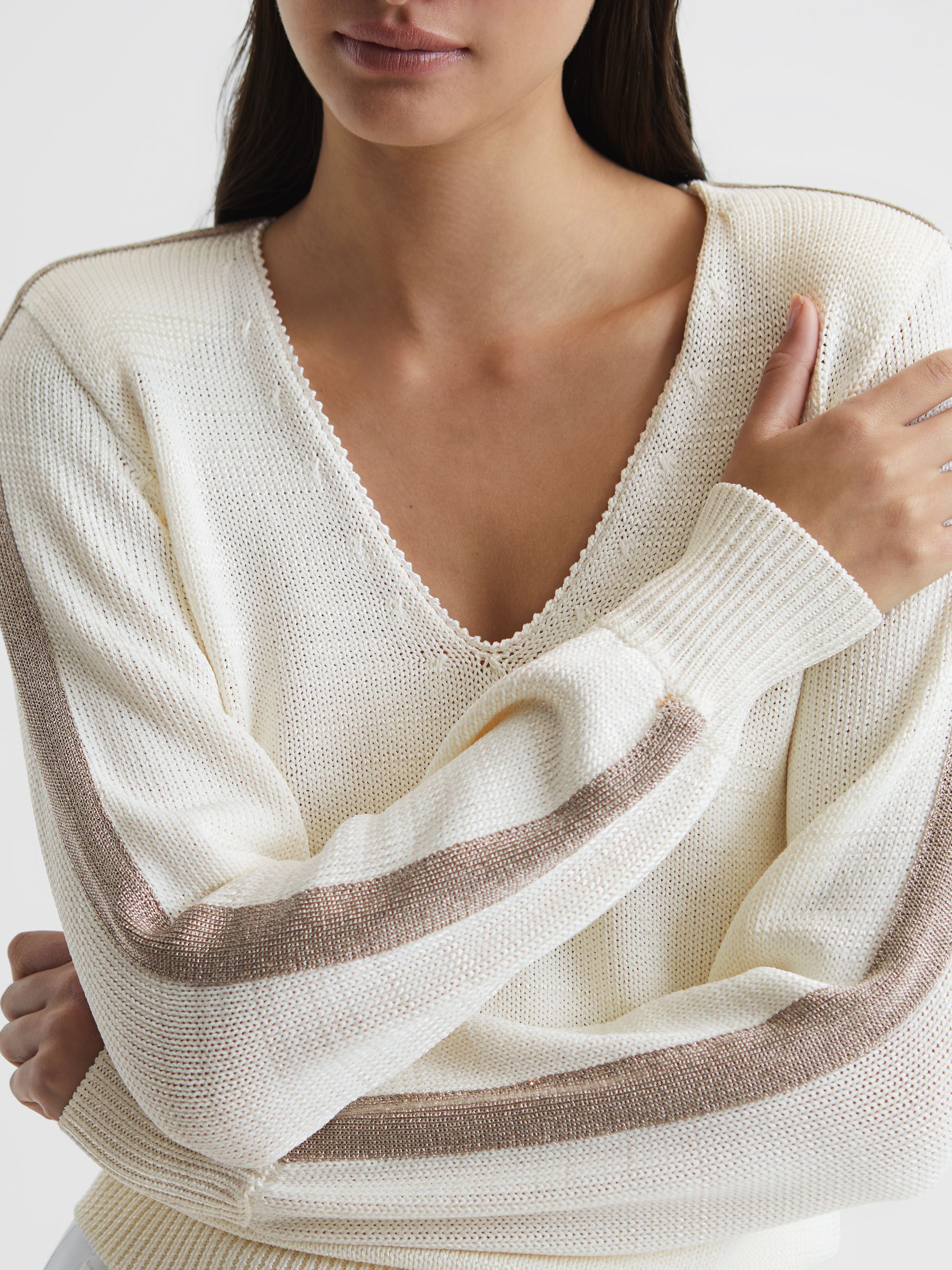 Colourblock V-Neck Knitted Jumper in Ivory/Gold - Image 7 of 7