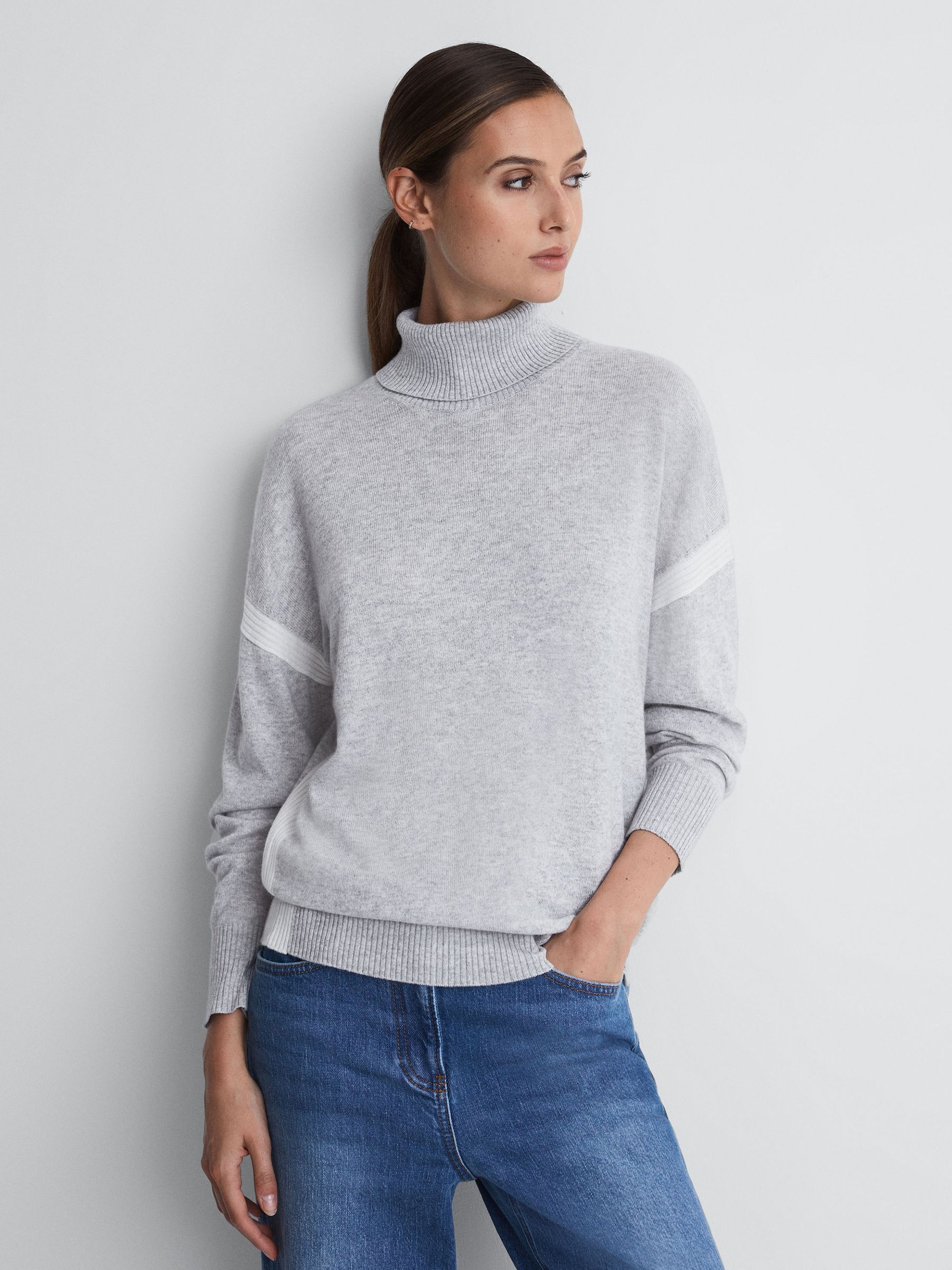 Colourblock Knitted Roll Neck Jumper in Cream/Grey - Image 1 of 12