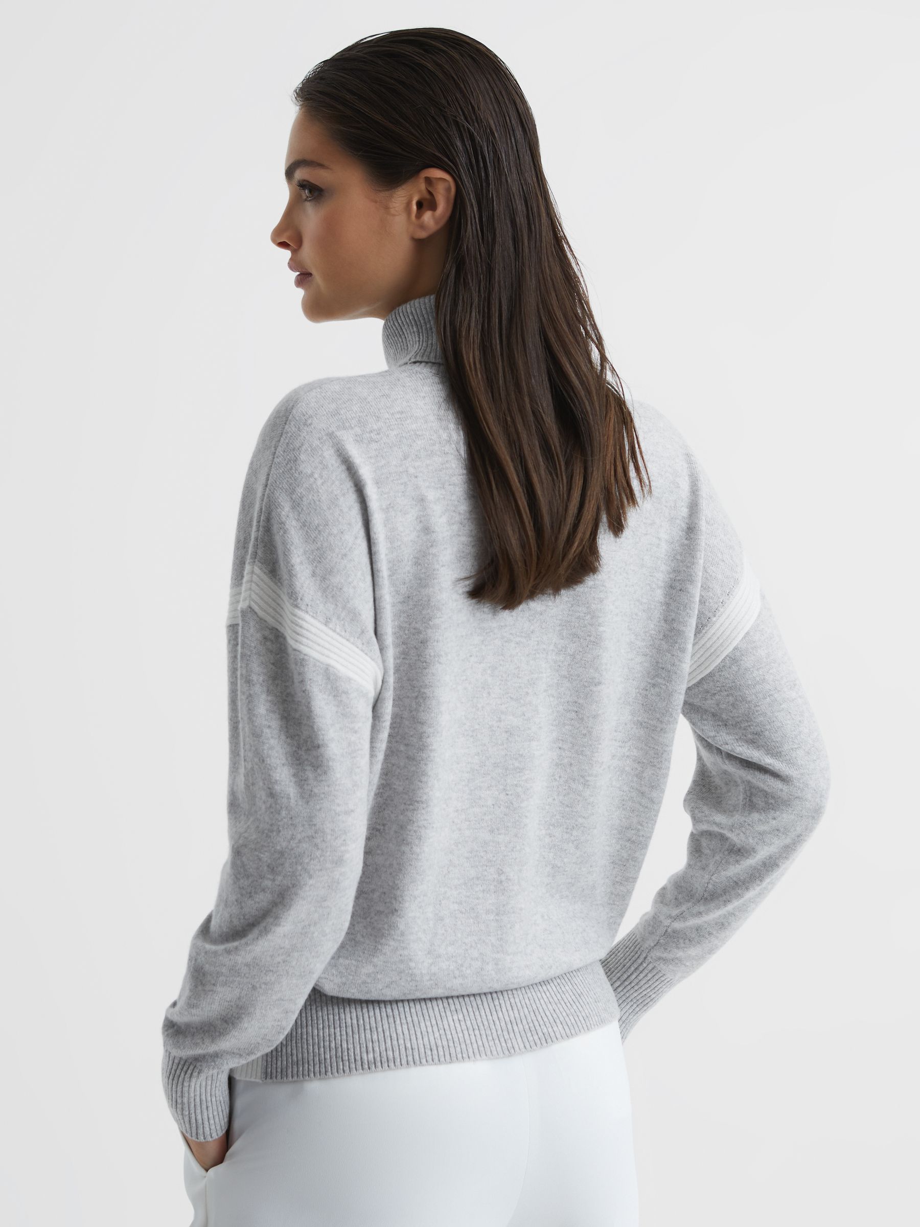 Colourblock Knitted Roll Neck Jumper in Cream/Grey - Image 11 of 12
