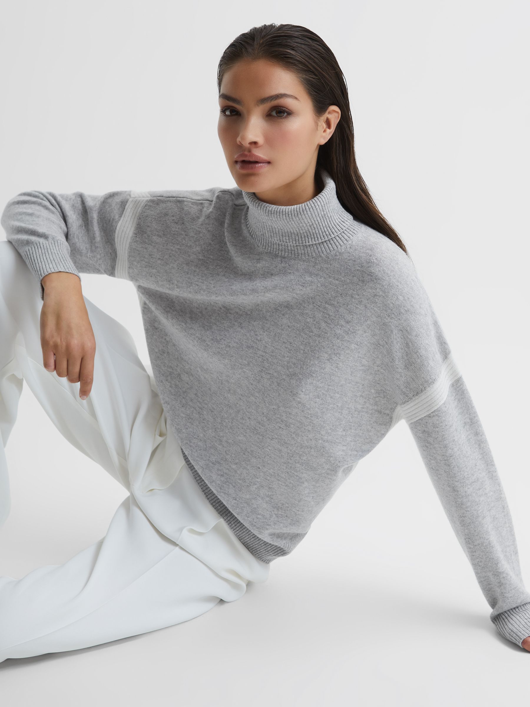 Colourblock Knitted Roll Neck Jumper in Cream/Grey - Image 12 of 12