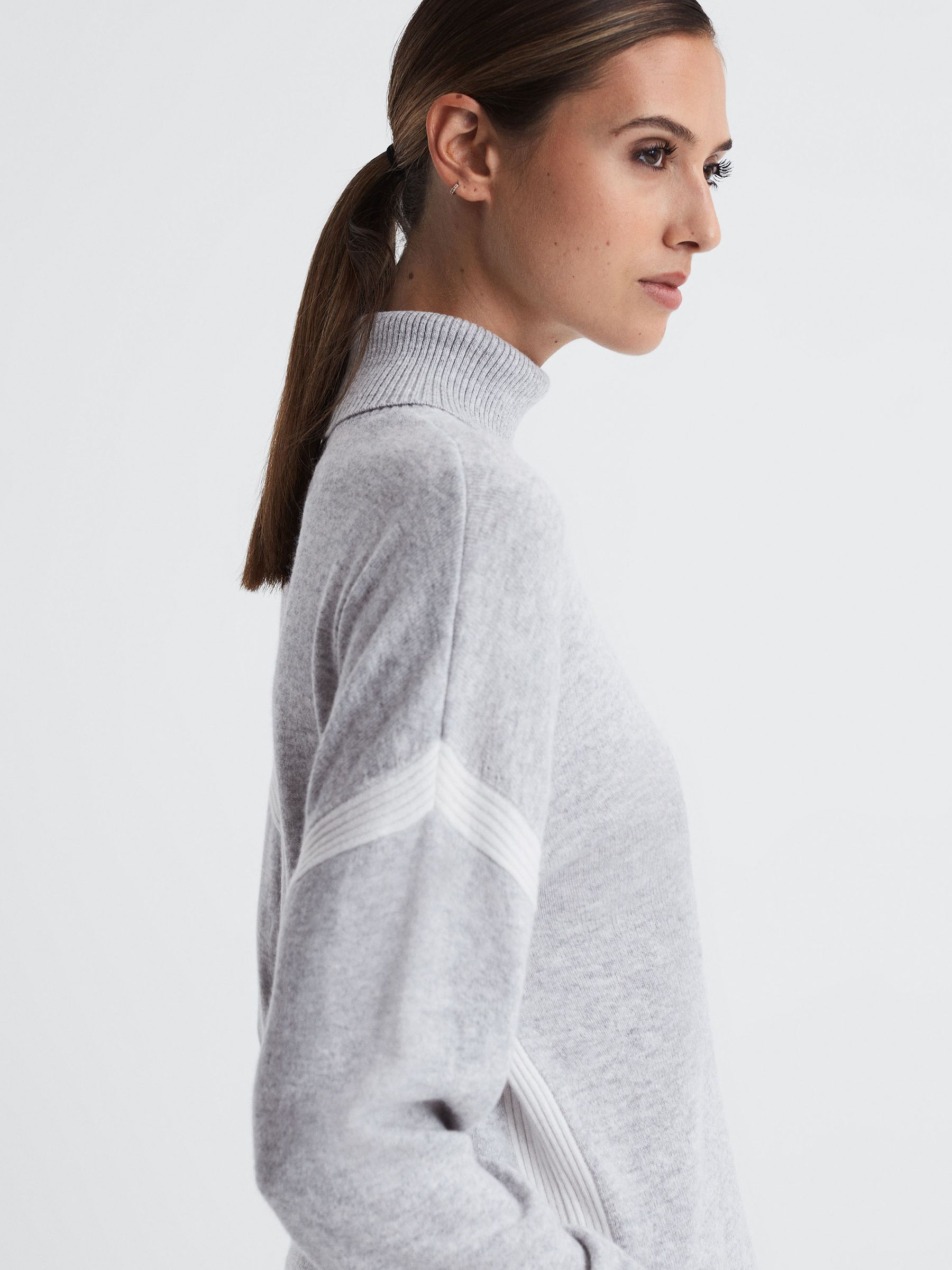 Colourblock Knitted Roll Neck Jumper in Cream/Grey - Image 4 of 12