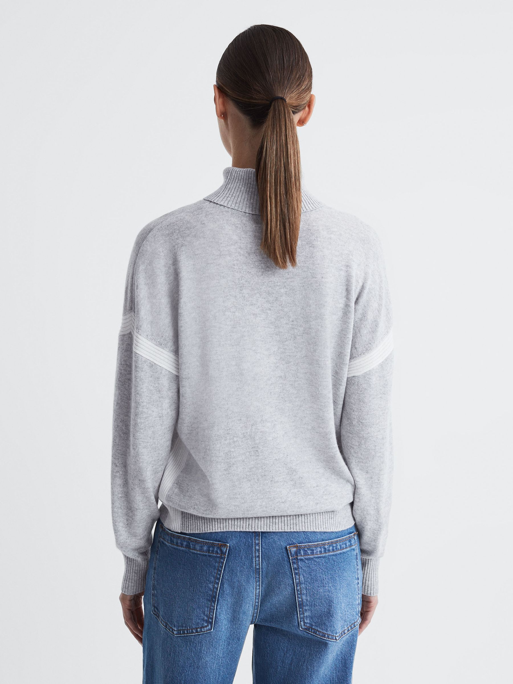 Colourblock Knitted Roll Neck Jumper in Cream/Grey - Image 5 of 12