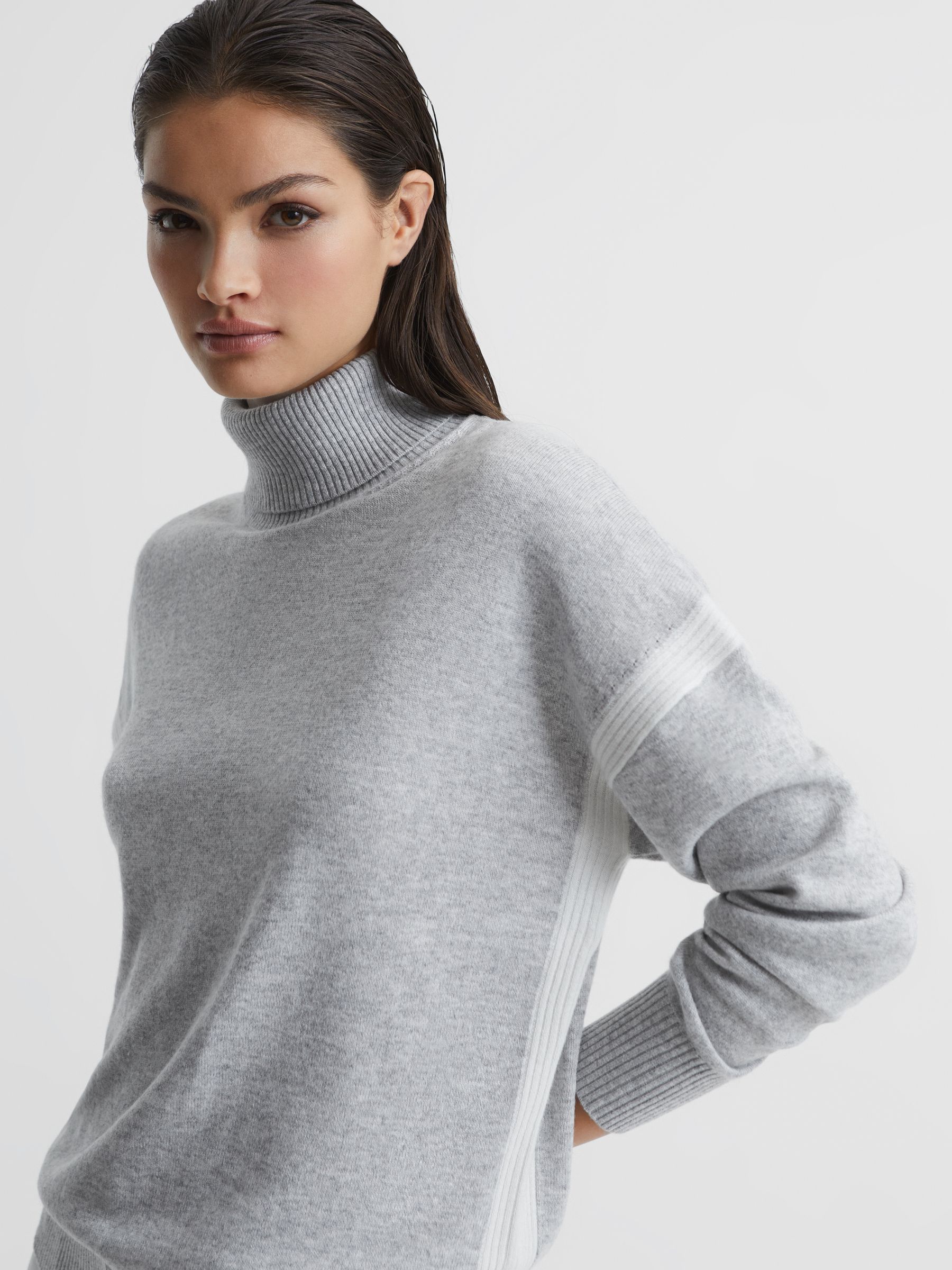 Colourblock Knitted Roll Neck Jumper in Cream/Grey - Image 6 of 12