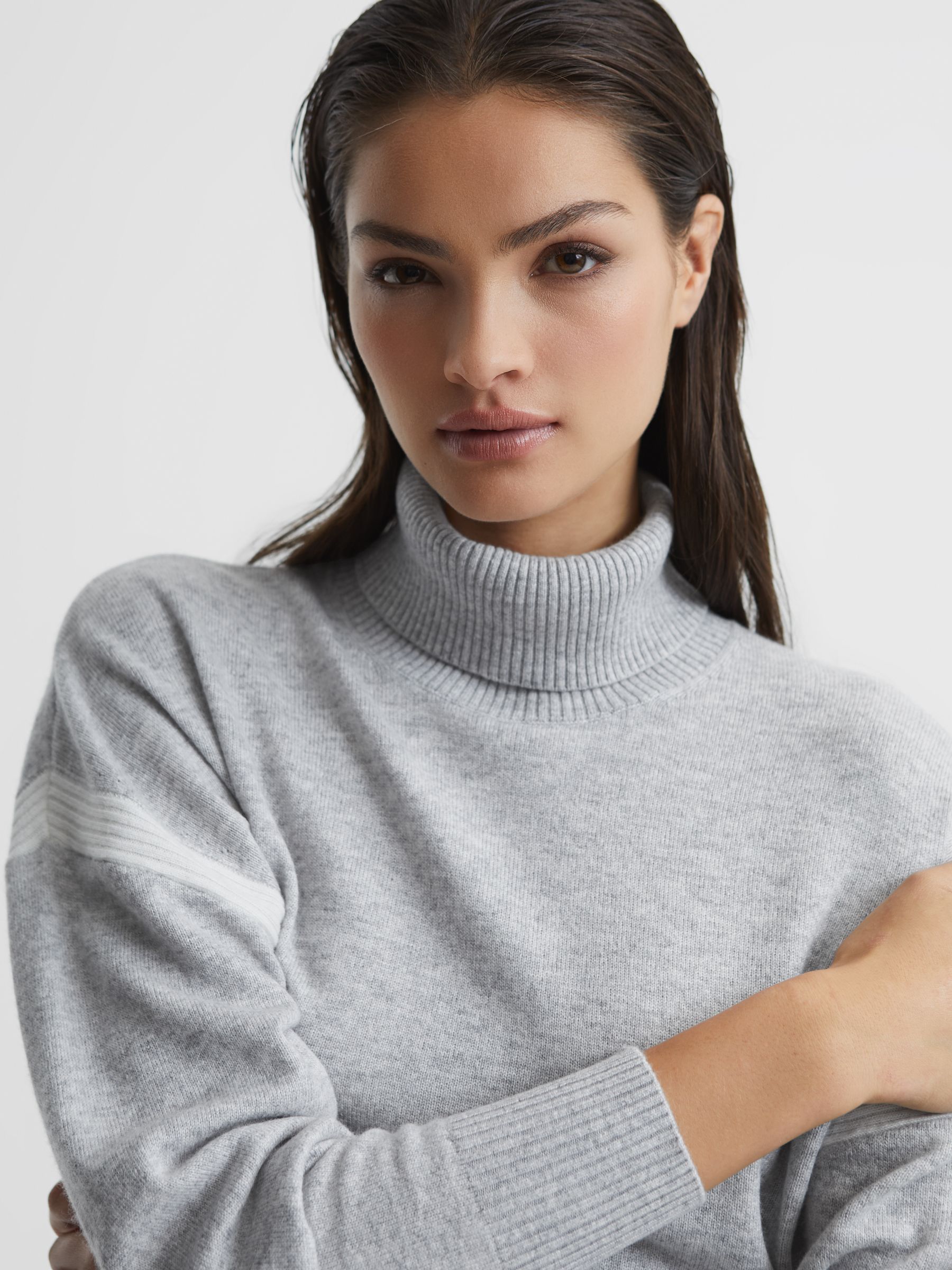 Colourblock Knitted Roll Neck Jumper in Cream/Grey - Image 7 of 12