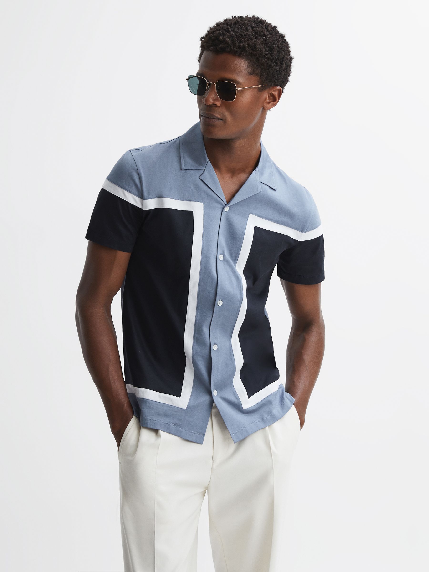 Mercerised Colourblock Cuban Collar Shirt in Airforce Blue - Image 1 of 4