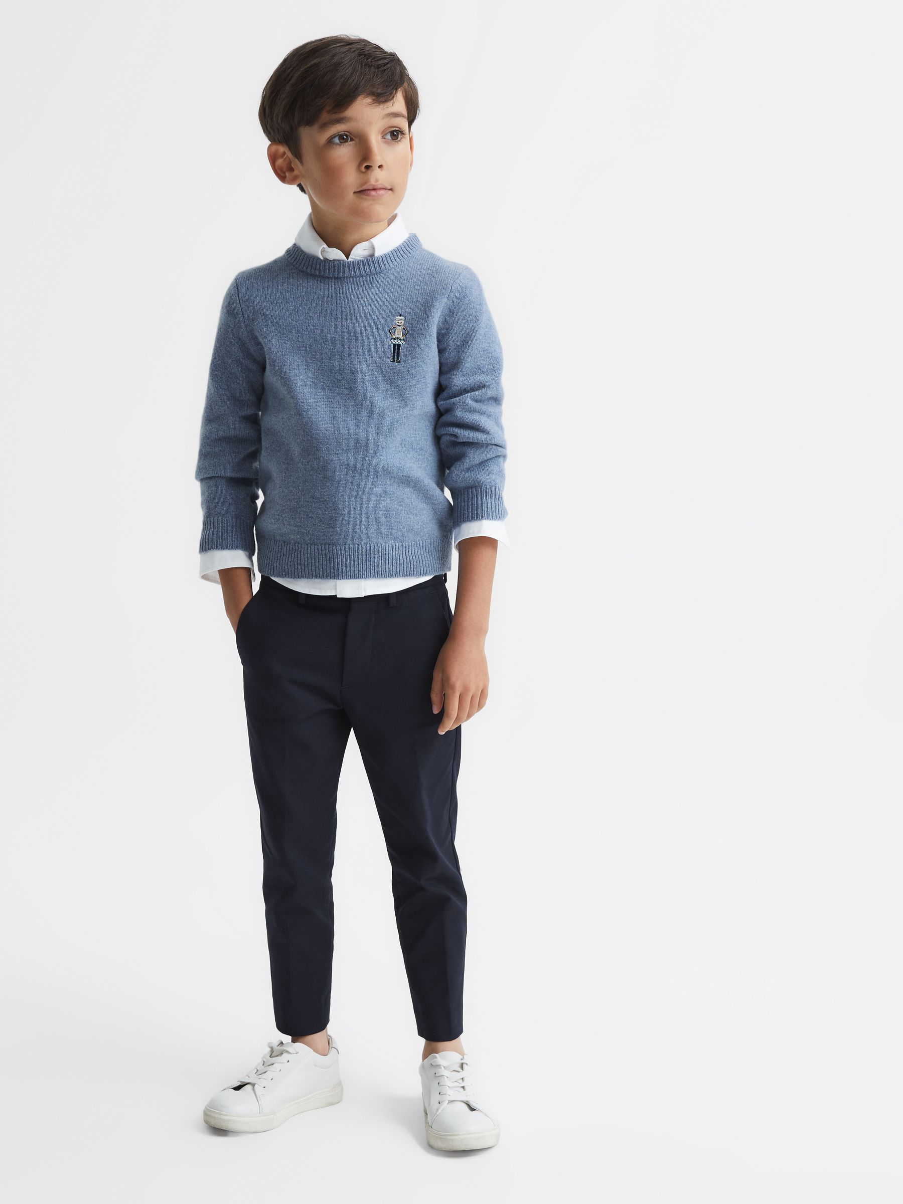 Senior Merino Wool Embroidered Drummer Jumper in Denim Melange - Image 1 of 7