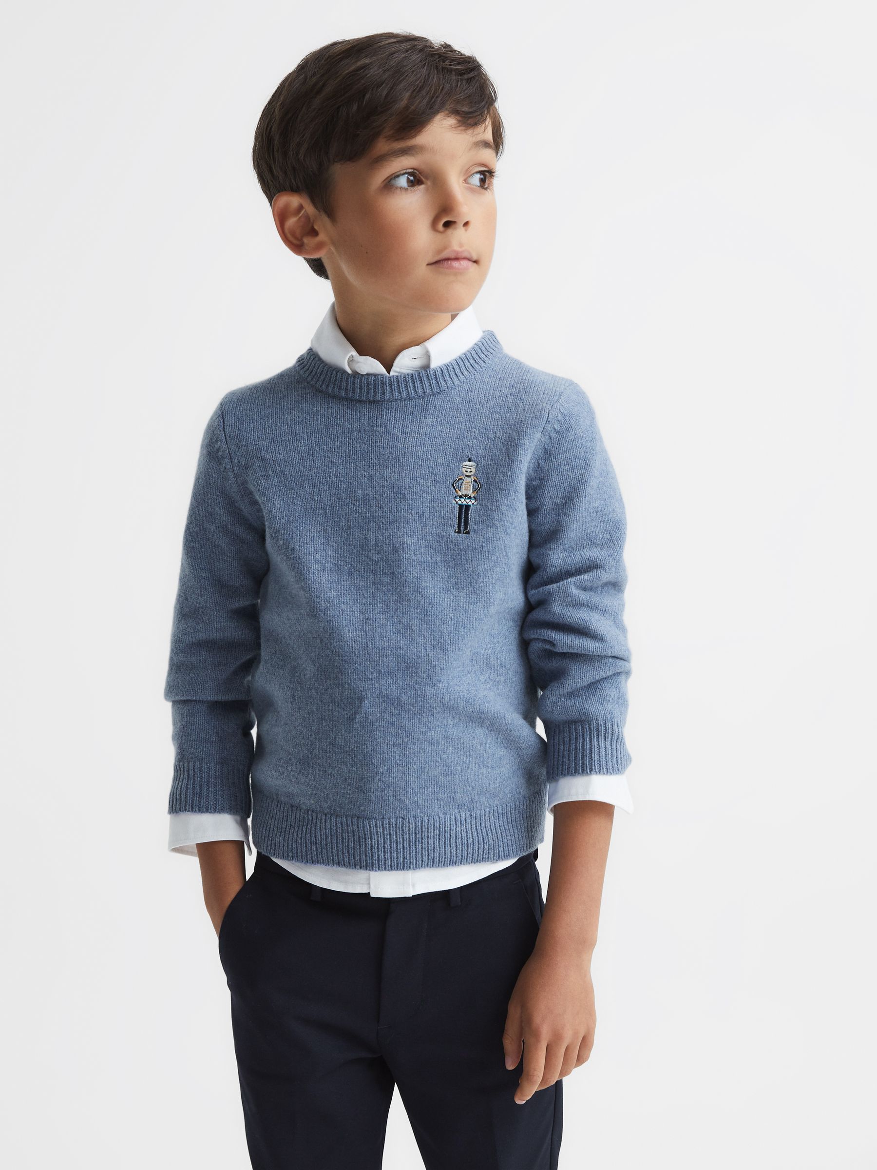 Senior Merino Wool Embroidered Drummer Jumper in Denim Melange - Image 3 of 7