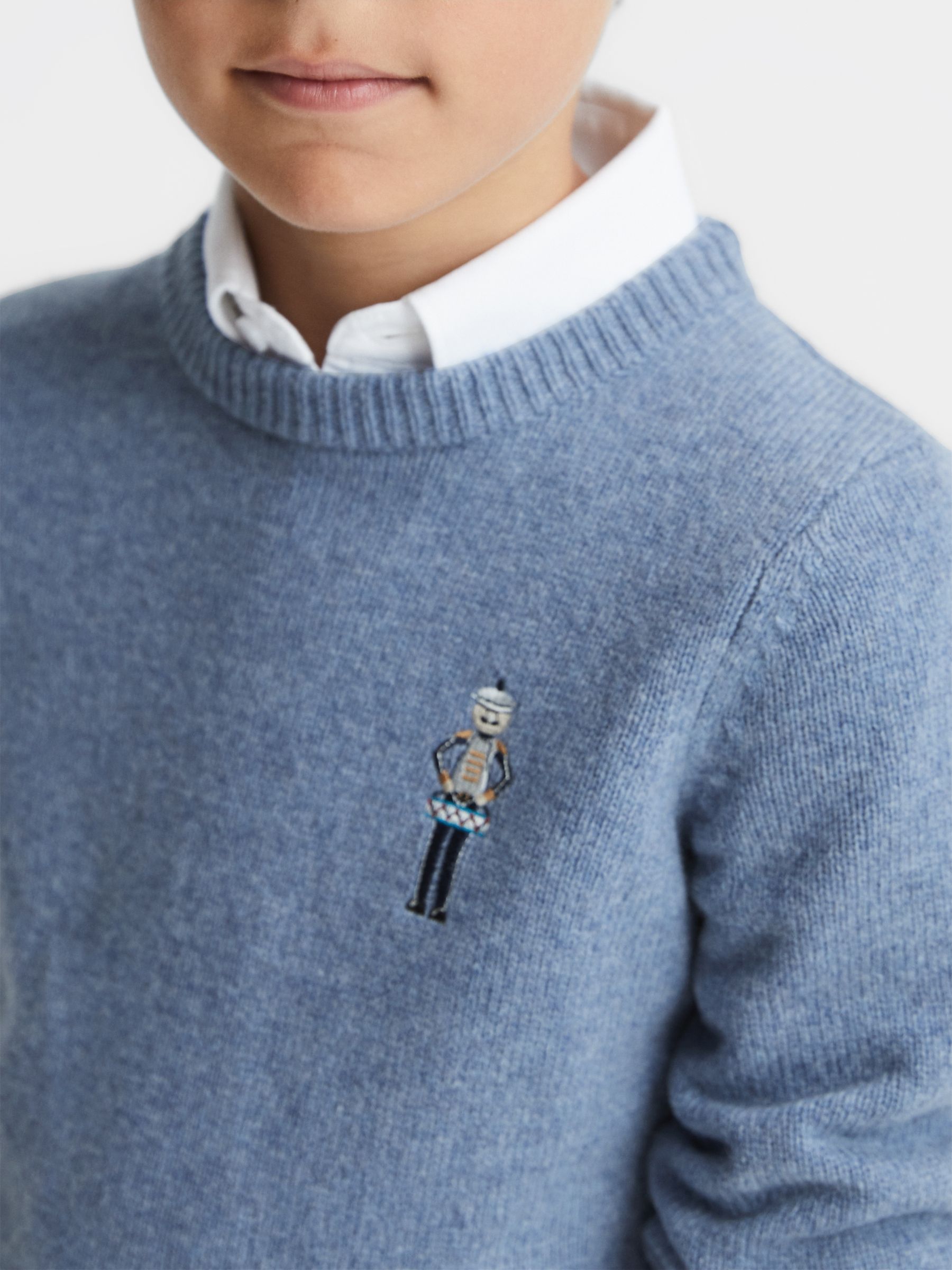 Senior Merino Wool Embroidered Drummer Jumper in Denim Melange - Image 4 of 7