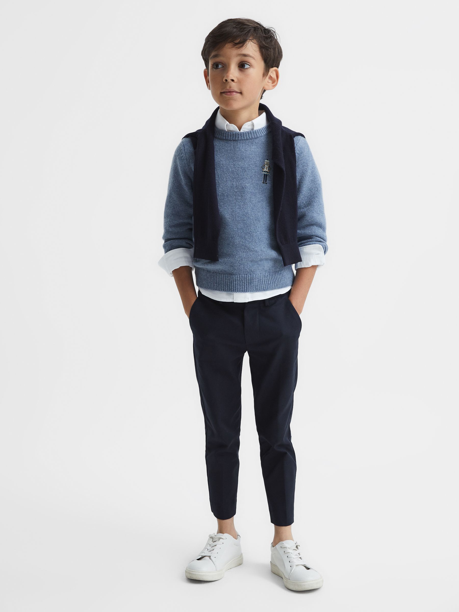 Senior Merino Wool Embroidered Drummer Jumper in Denim Melange - Image 6 of 7