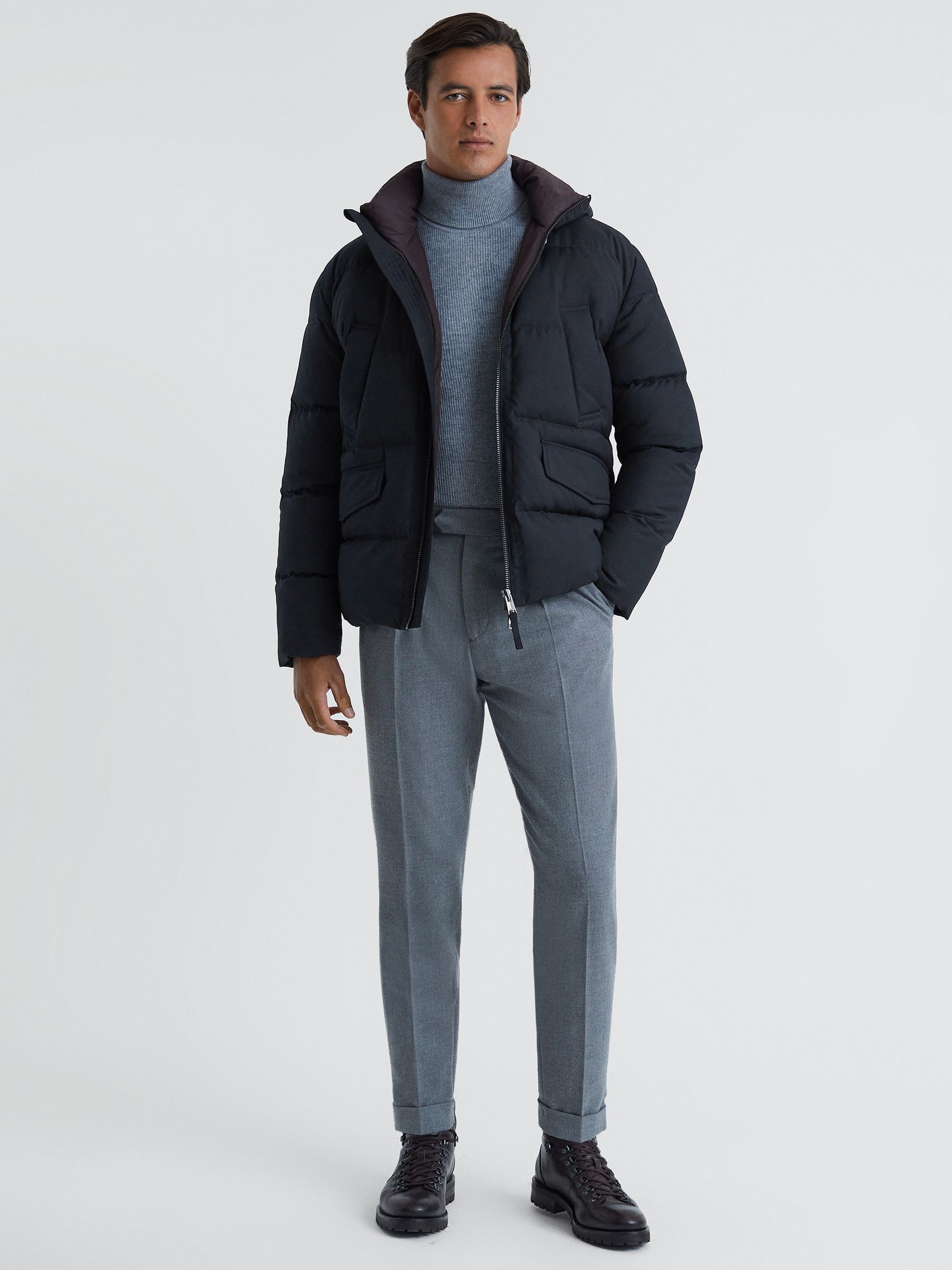 Quilted Short Hooded Coat in Navy - Image 1 of 7 Quilted Short Hooded Coat in Navy - Image 1 of 7