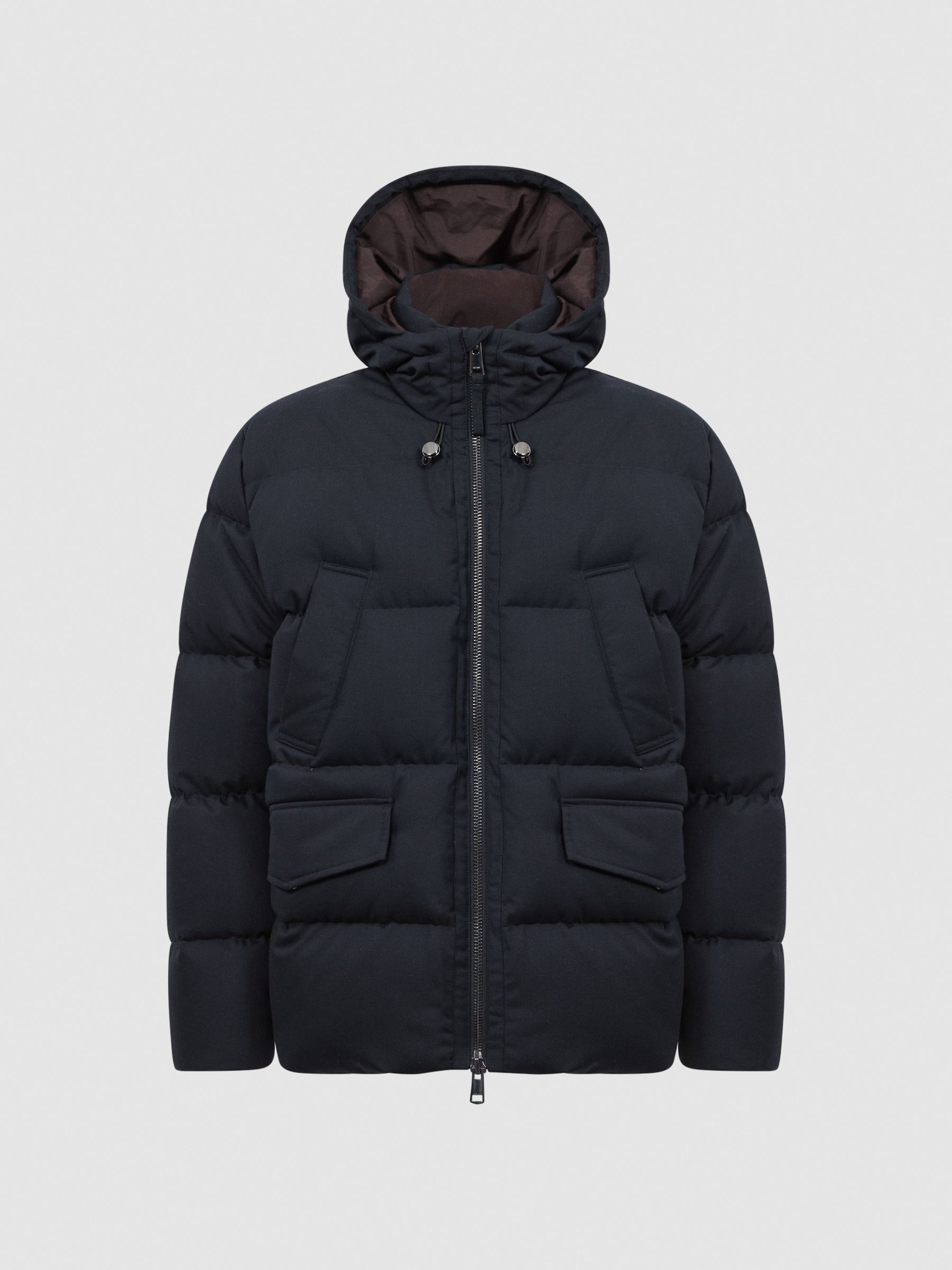 Quilted Short Hooded Coat in Navy - Image 2 of 7 Quilted Short Hooded Coat in Navy - Image 2 of 7