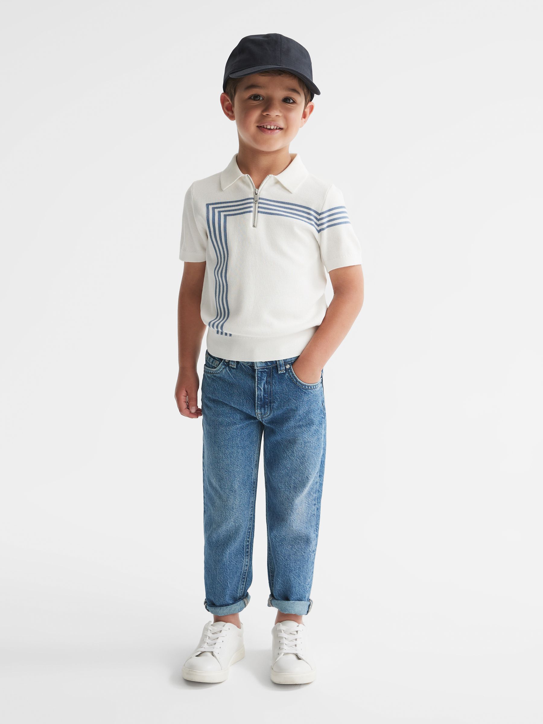 Junior Half Zip Stripe Detail Polo T-Shirt in White - Image 1 of 8