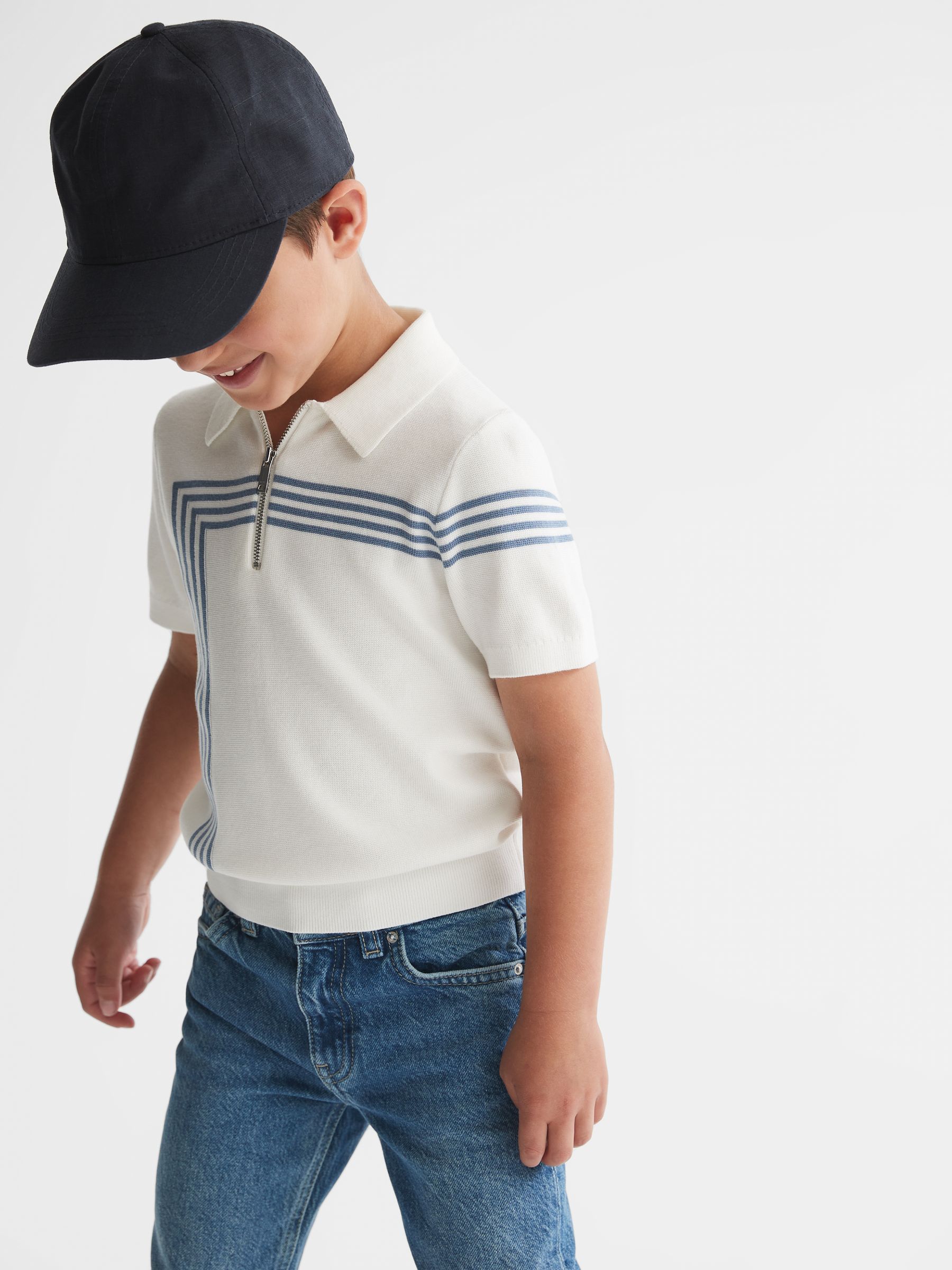 Junior Half Zip Stripe Detail Polo T-Shirt in White - Image 3 of 8