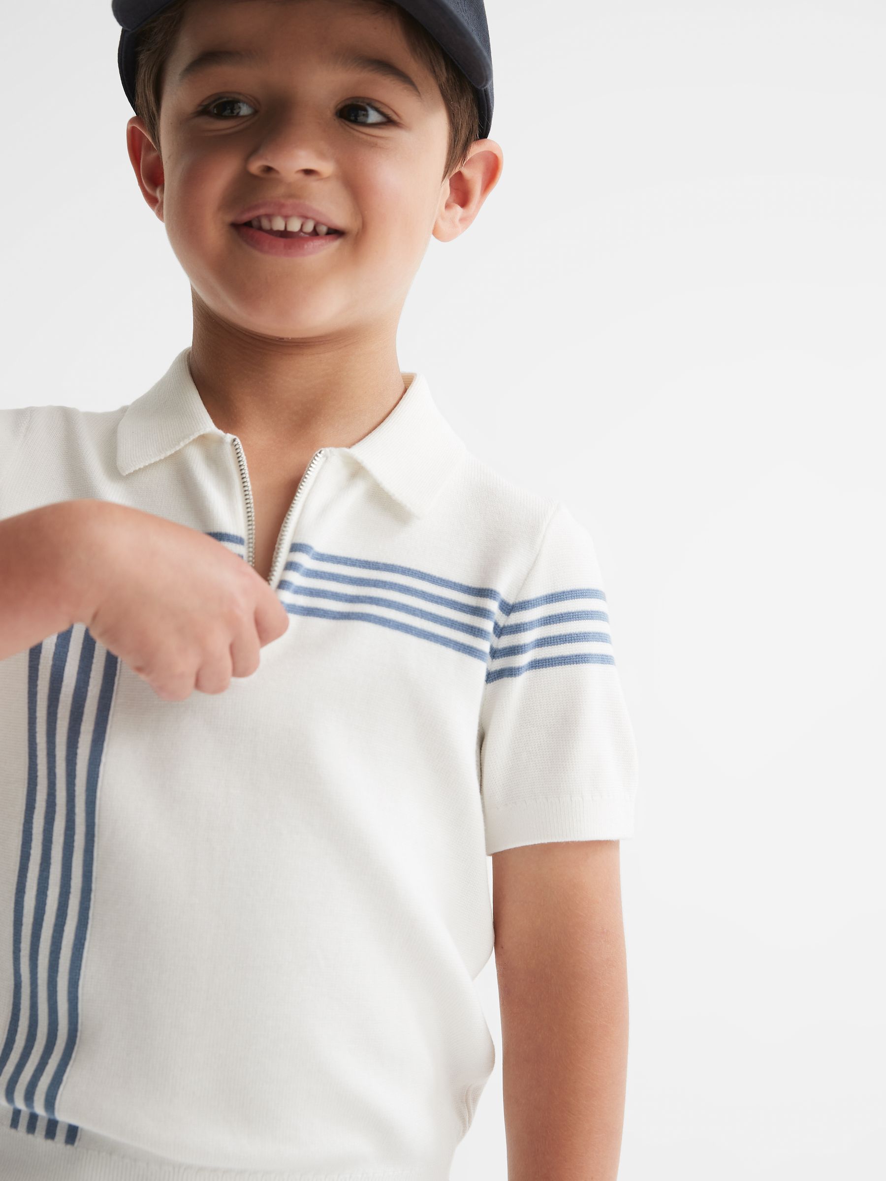 Junior Half Zip Stripe Detail Polo T-Shirt in White - Image 4 of 8