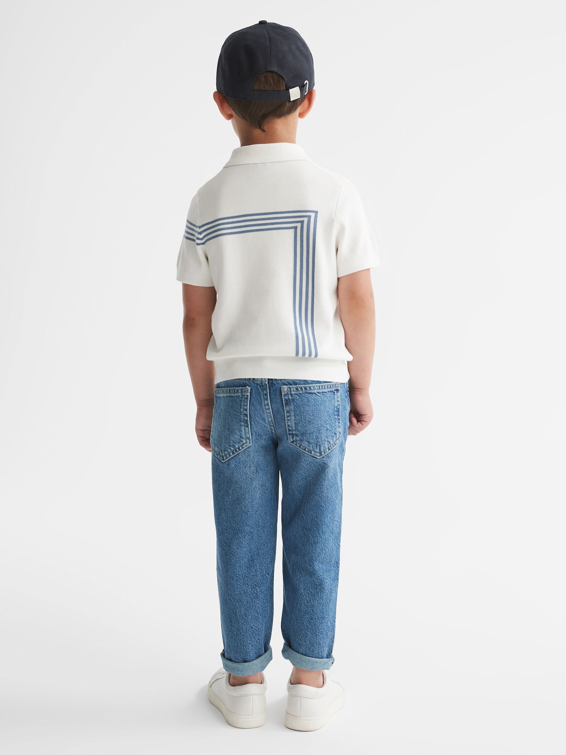 Junior Half Zip Stripe Detail Polo T-Shirt in White - Image 5 of 8