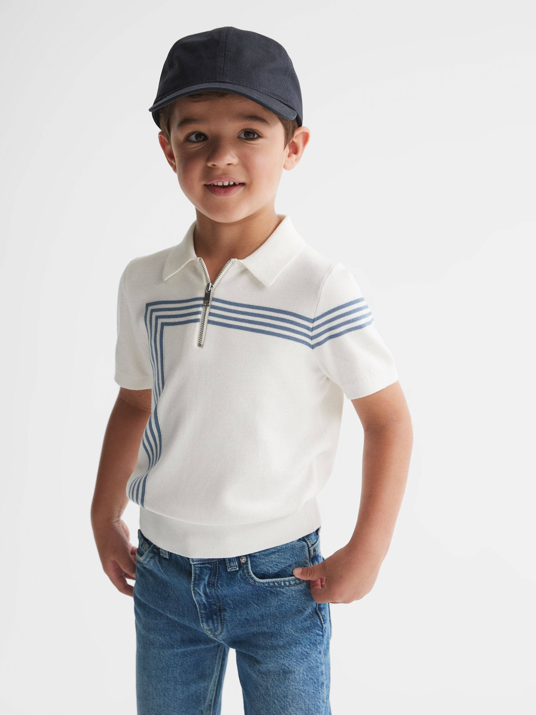 Junior Half Zip Stripe Detail Polo T-Shirt in White - Image 7 of 8