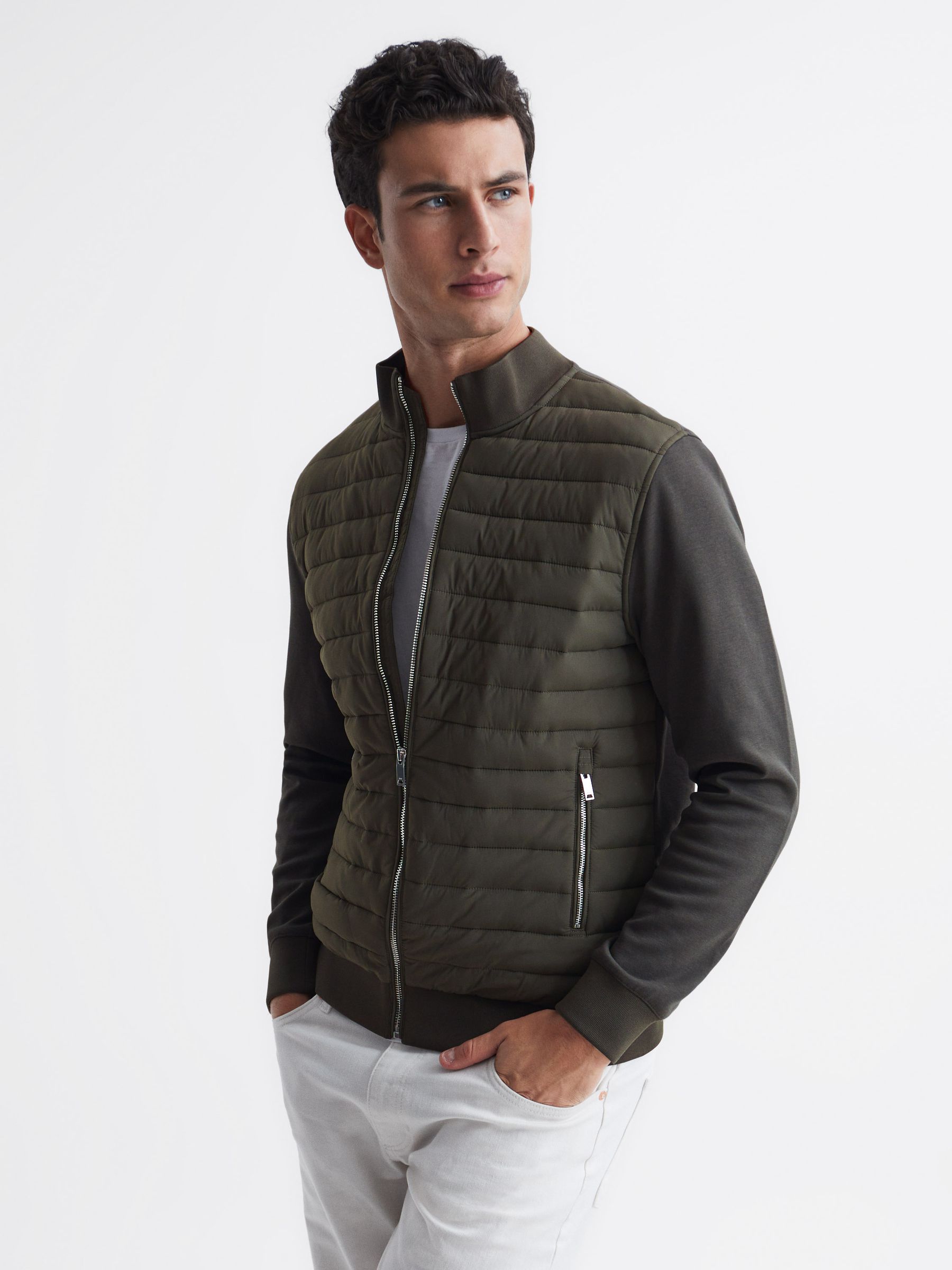 Quilted Hybrid Jacket in Khaki - Image 1 of 5