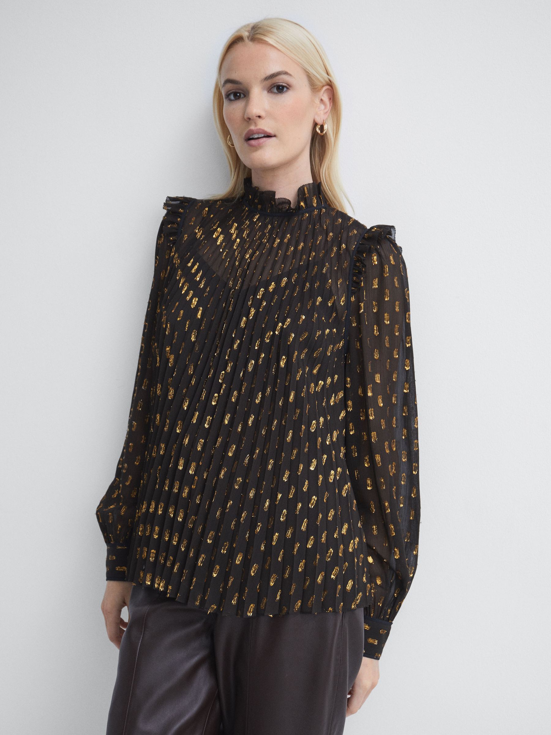Florere Sheer Ruffle Blouse in Chocolate - Image 1 of 6