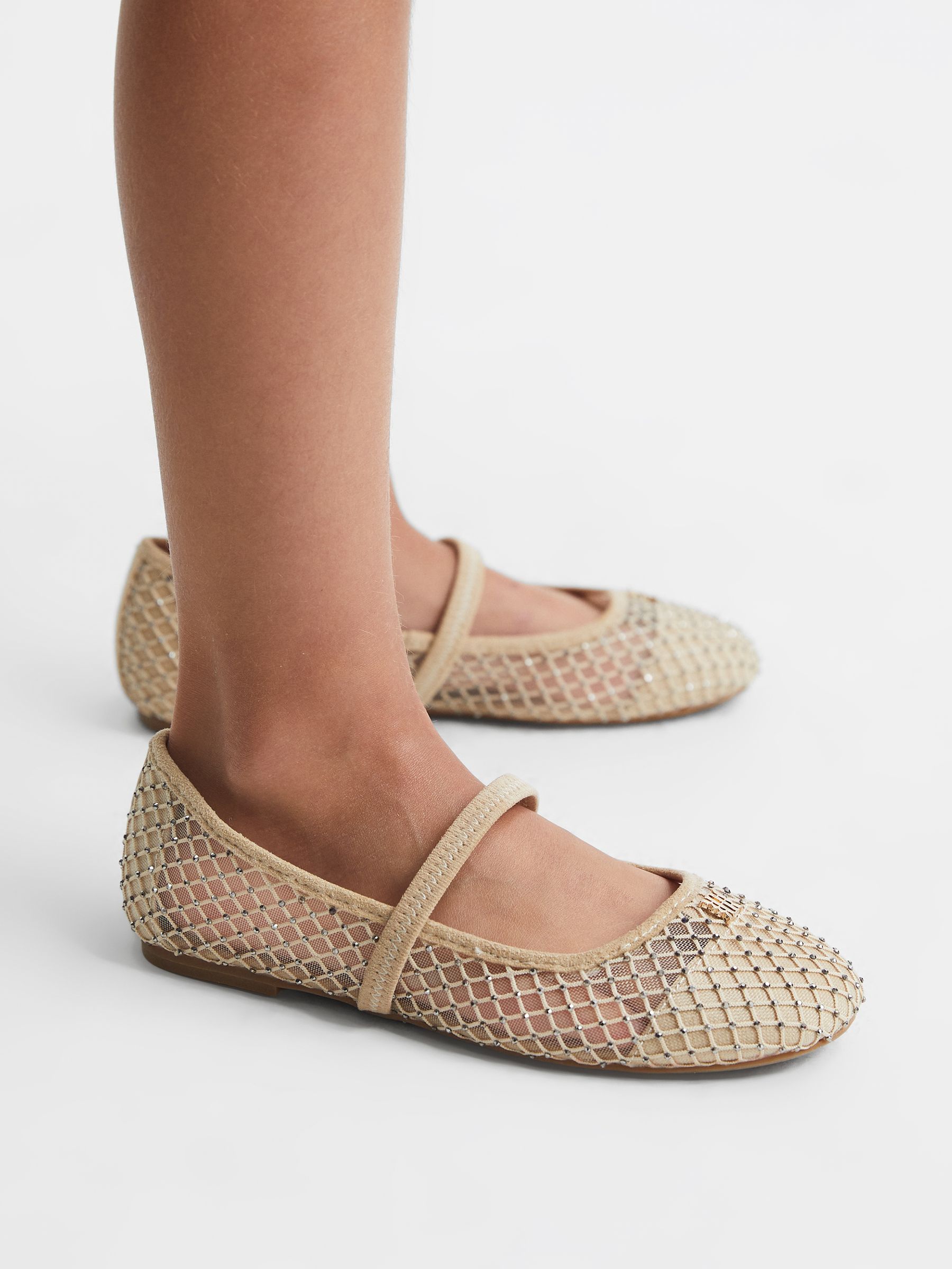 Crystal Detail Mesh Ballet Flats in Nude - Image 3 of 6