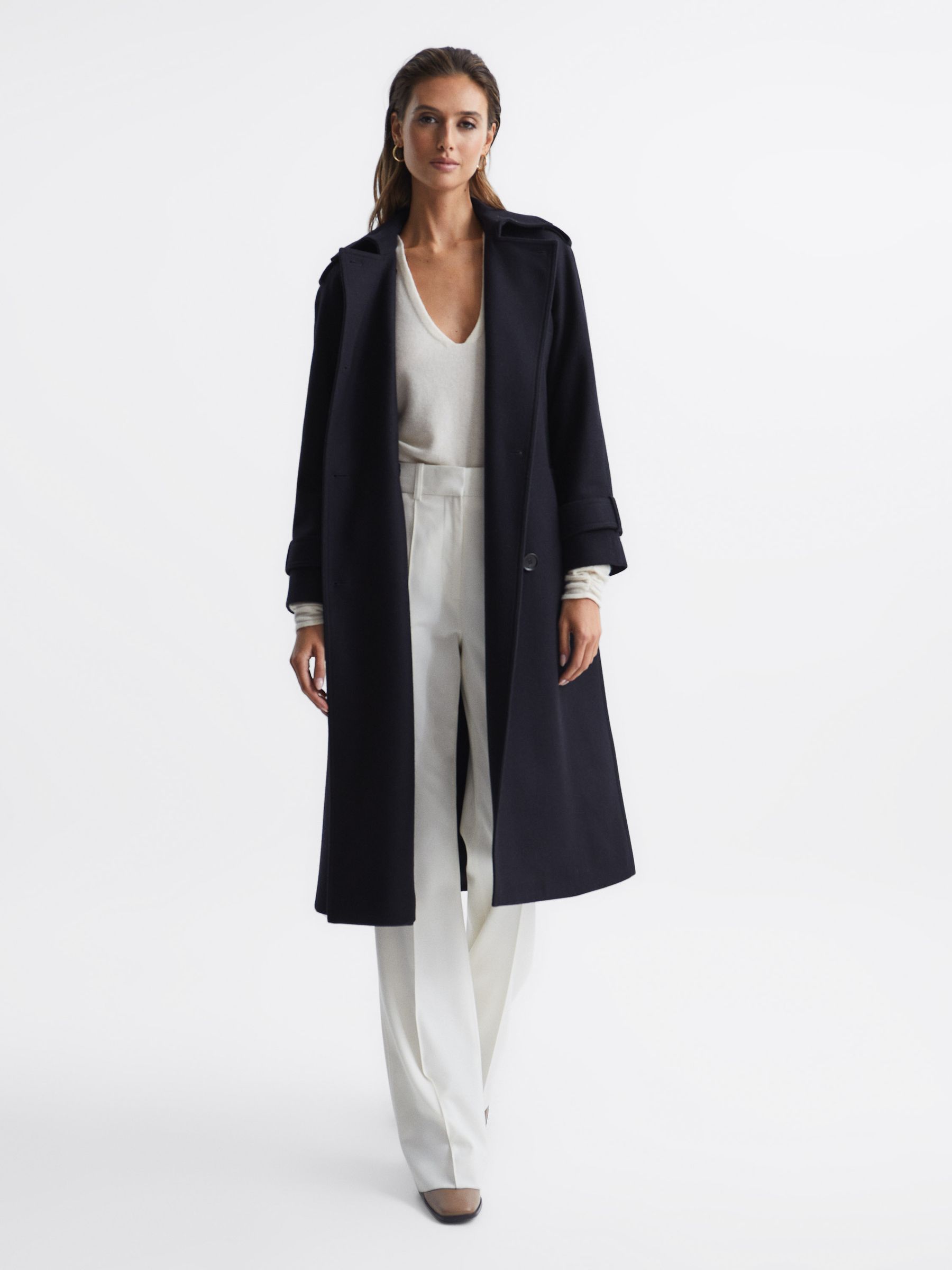 Wool Trench Coat in Navy - Image 1 of 8