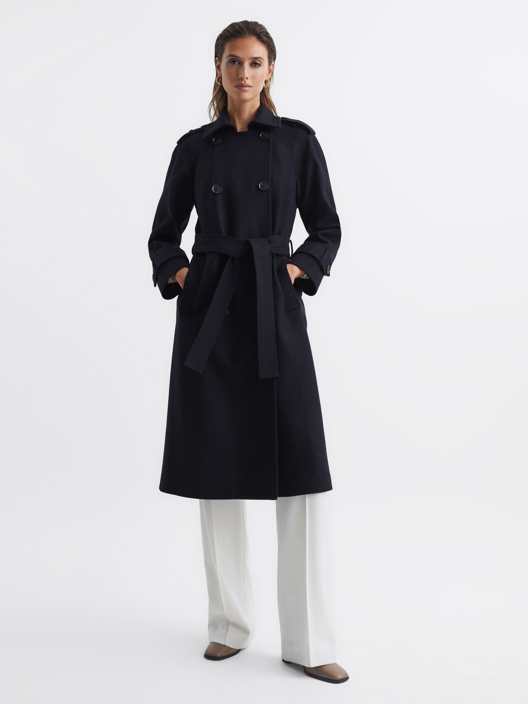 Wool Trench Coat in Navy - Image 3 of 8