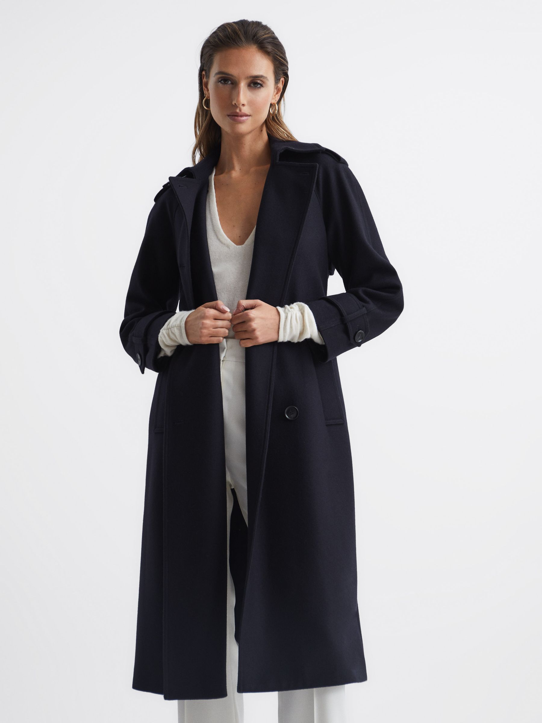 Wool Trench Coat in Navy - Image 6 of 8