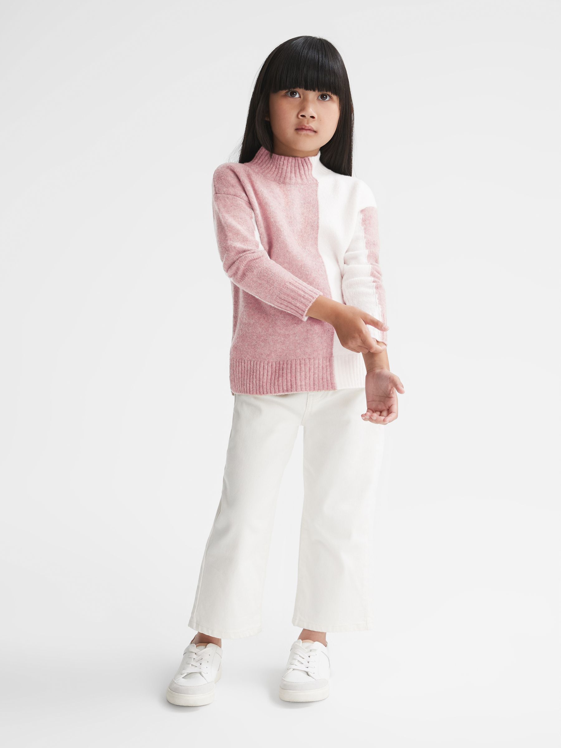 Senior Colour Block Wool Blend Jumper in Pink/White - Image 1 of 6