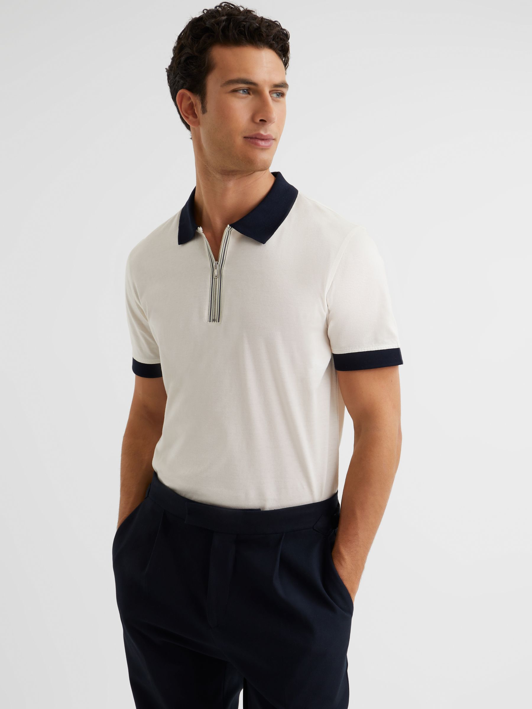 Mercerised Zip Neck Polo T-Shirt in White/Navy - Image 1 of 6