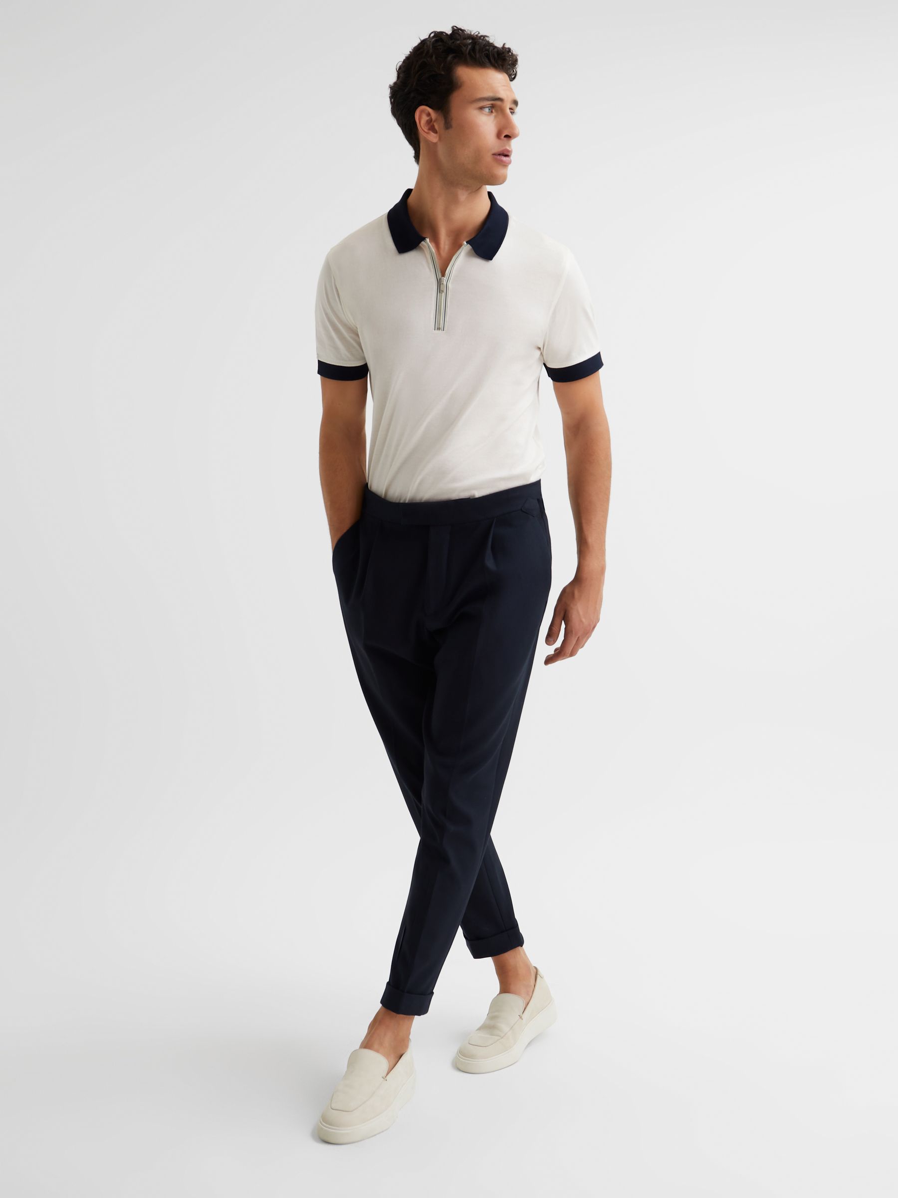 Mercerised Zip Neck Polo T-Shirt in White/Navy - Image 3 of 6