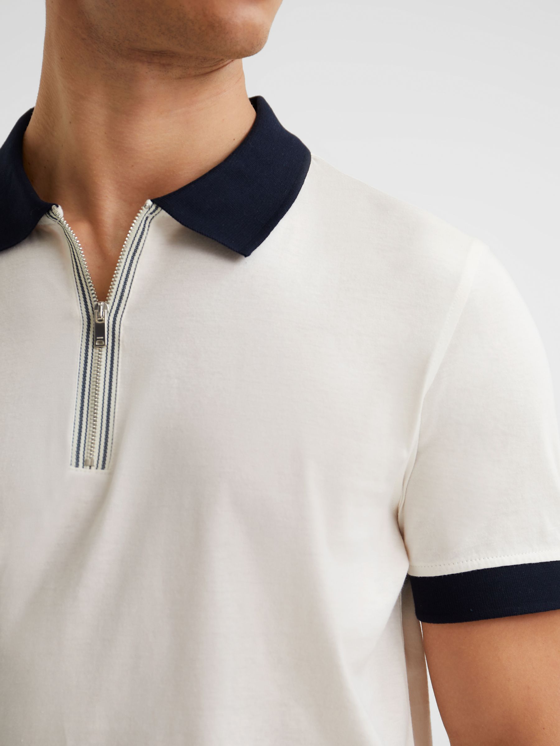 Mercerised Zip Neck Polo T-Shirt in White/Navy - Image 4 of 6