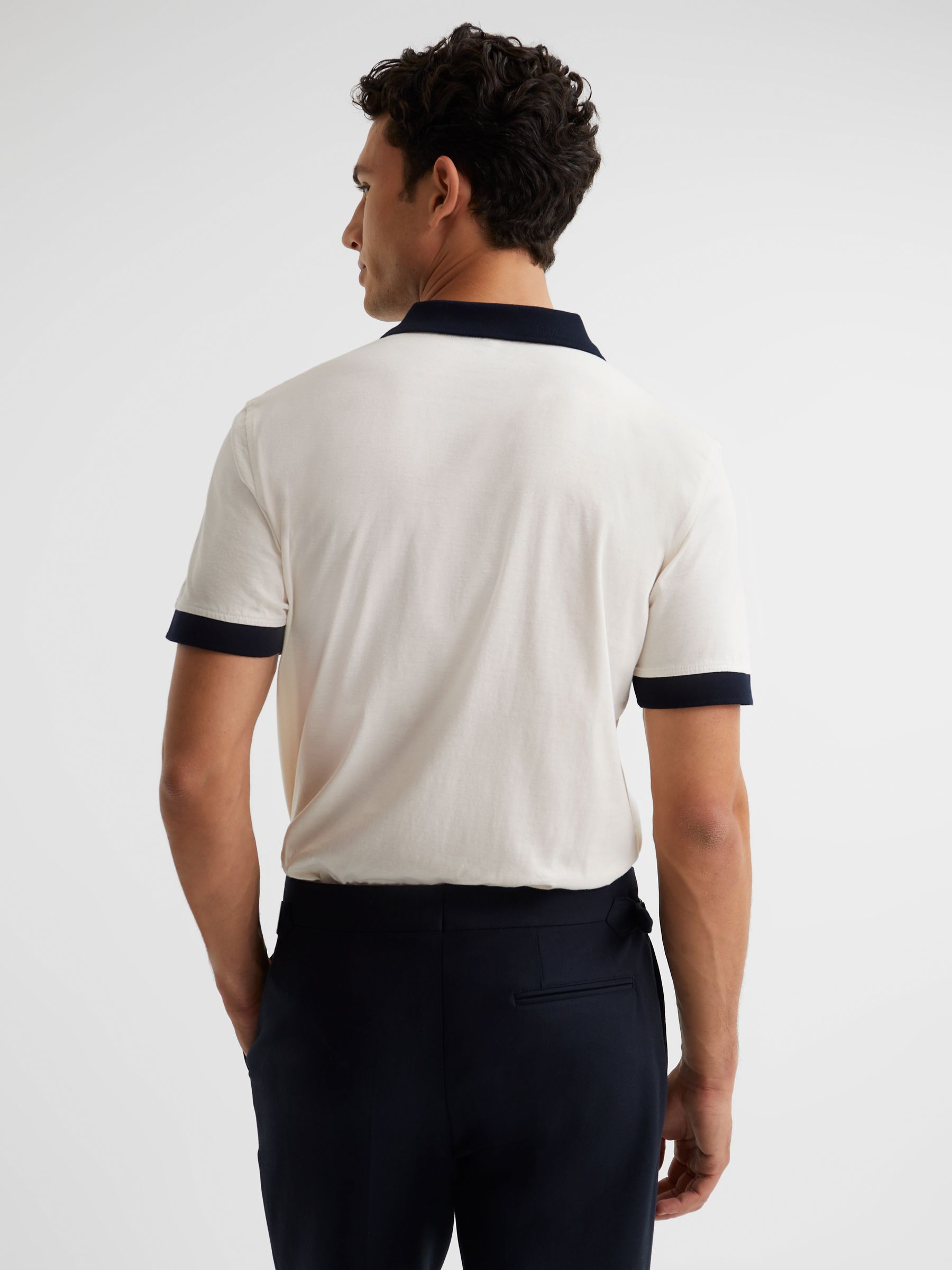 Mercerised Zip Neck Polo T-Shirt in White/Navy - Image 5 of 6