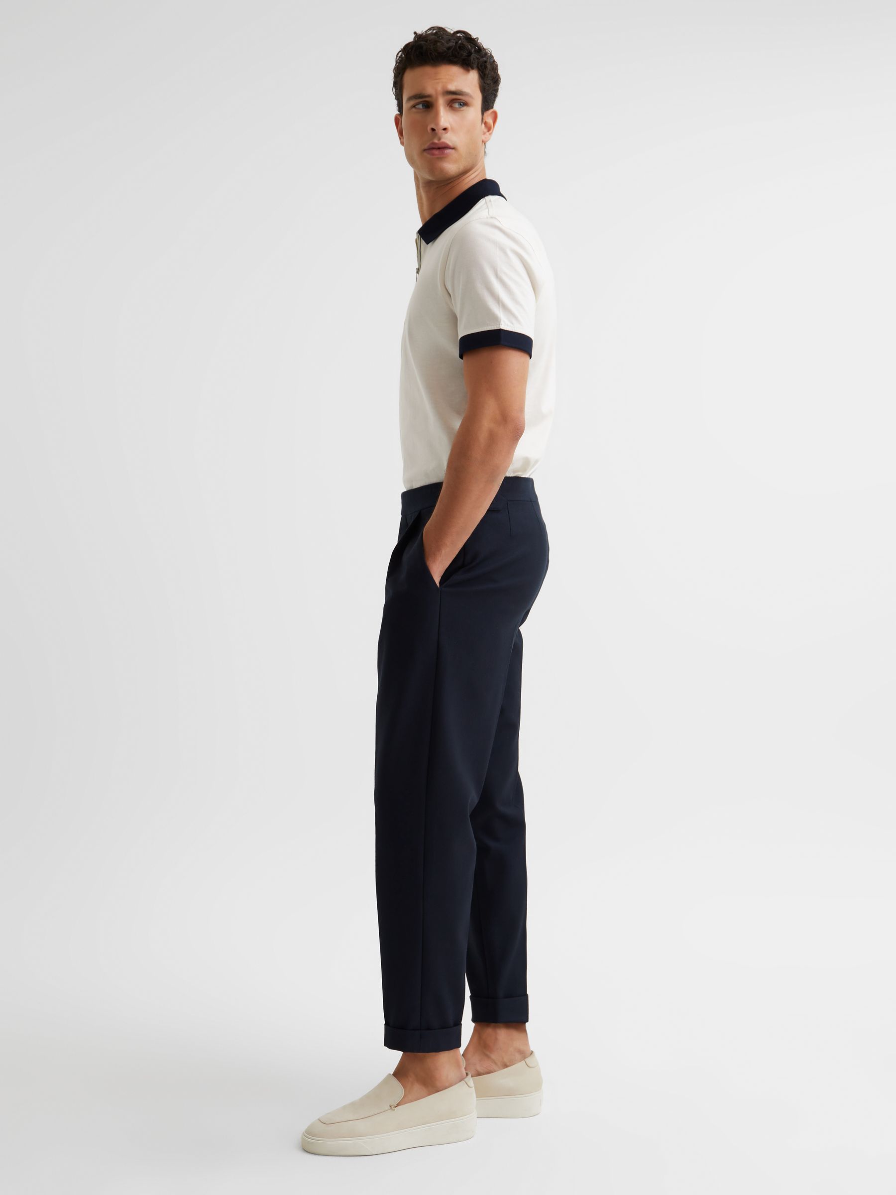 Mercerised Zip Neck Polo T-Shirt in White/Navy - Image 6 of 6