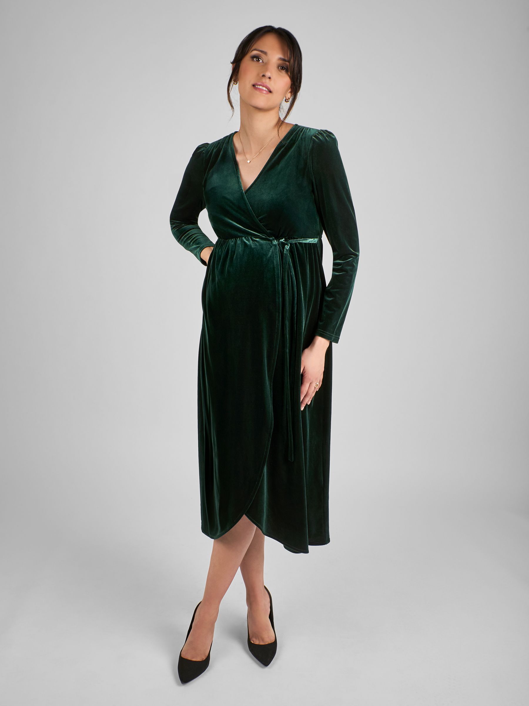 Green Velvet V-Neck Maternity & Nursing Wrap Dress - Image 1 of 4