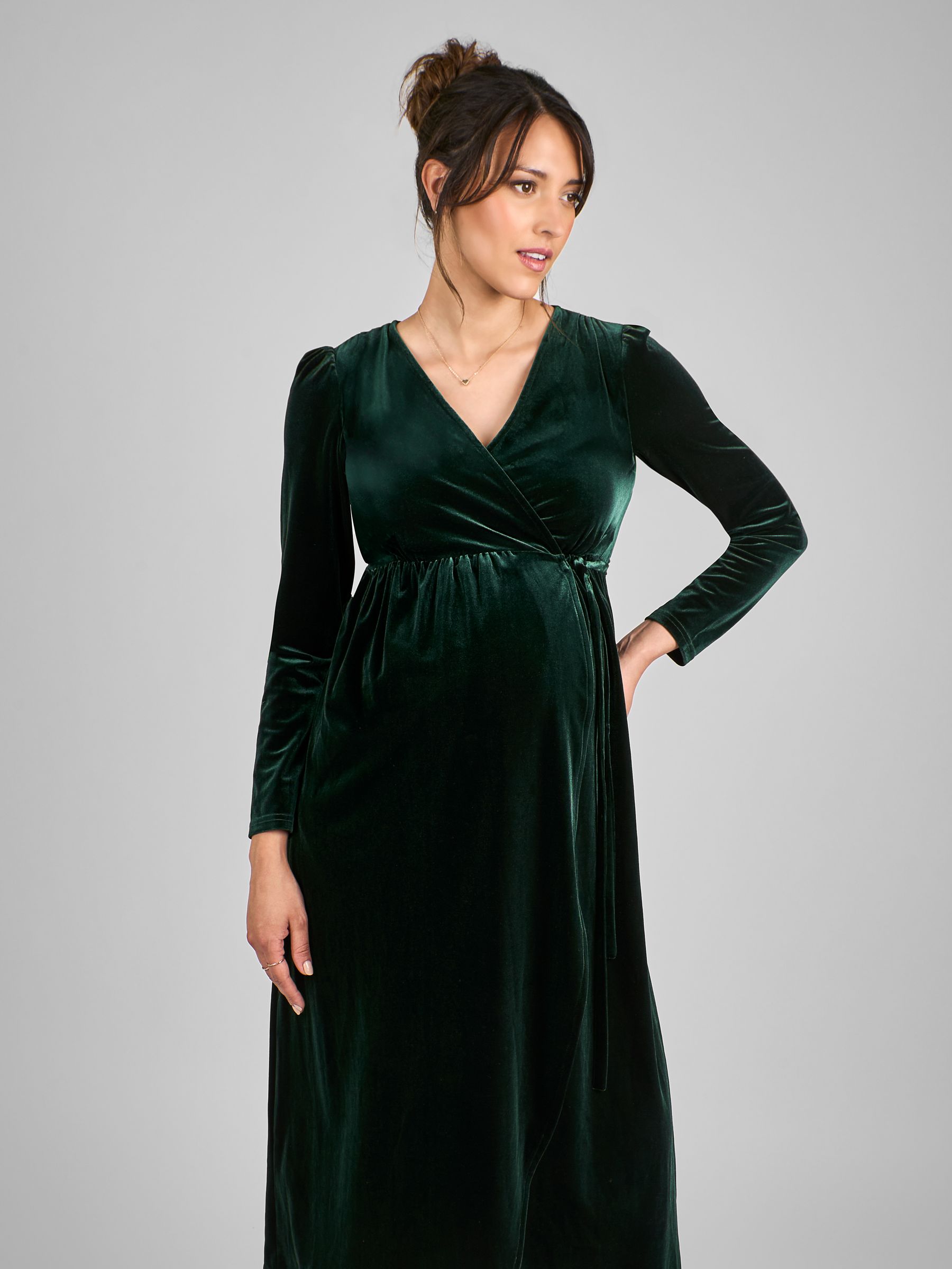 Green Velvet V-Neck Maternity & Nursing Wrap Dress - Image 3 of 4