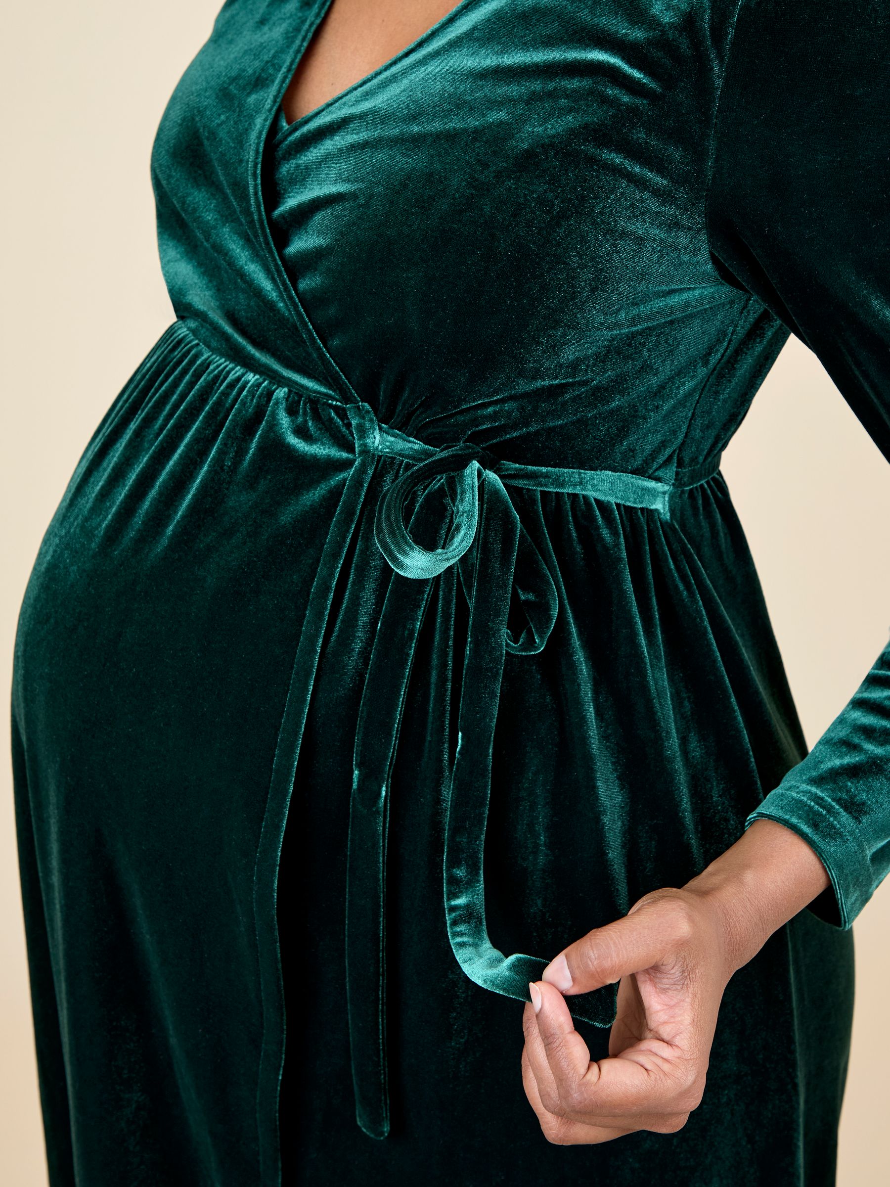 Green Velvet V-Neck Maternity & Nursing Wrap Dress - Image 5 of 6