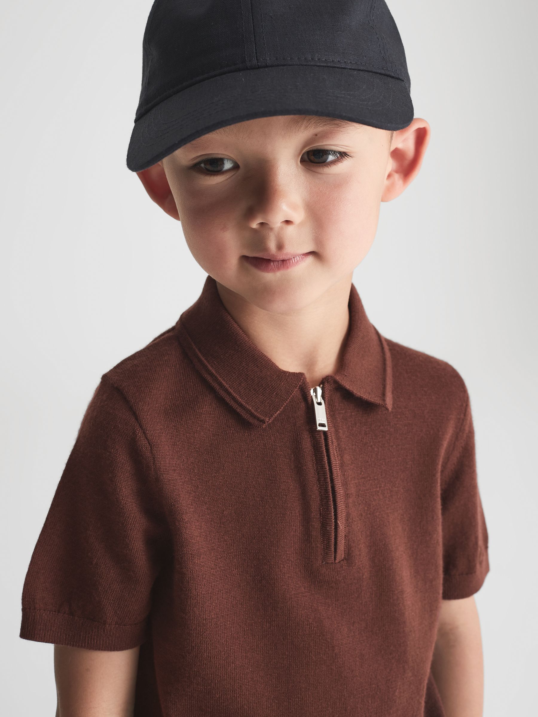 Junior Merino Zip Neck Polo T-Shirt in Rust - Image 1 of 5