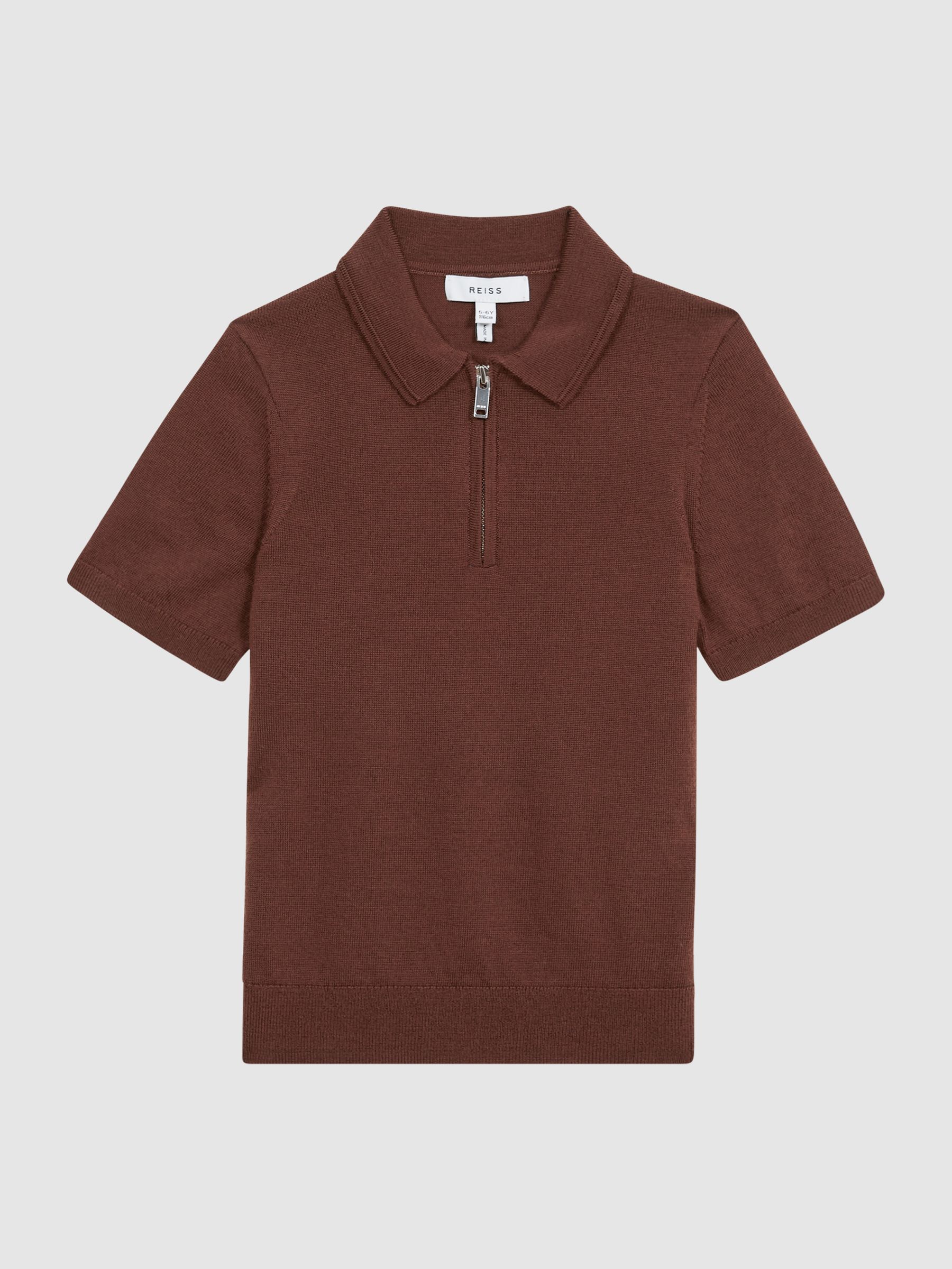 Junior Merino Zip Neck Polo T-Shirt in Rust - Image 2 of 5