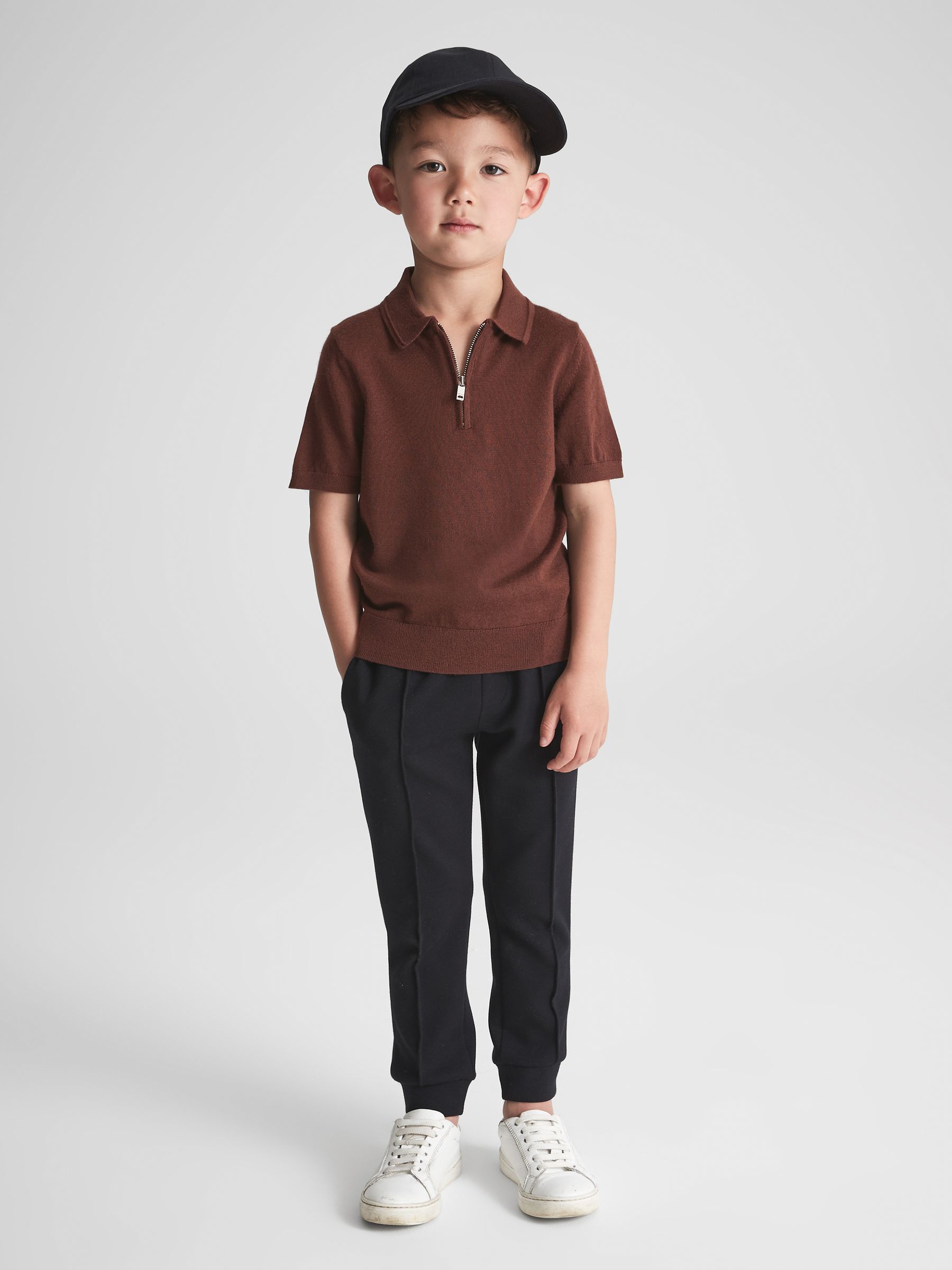 Junior Merino Zip Neck Polo T-Shirt in Rust - Image 3 of 5