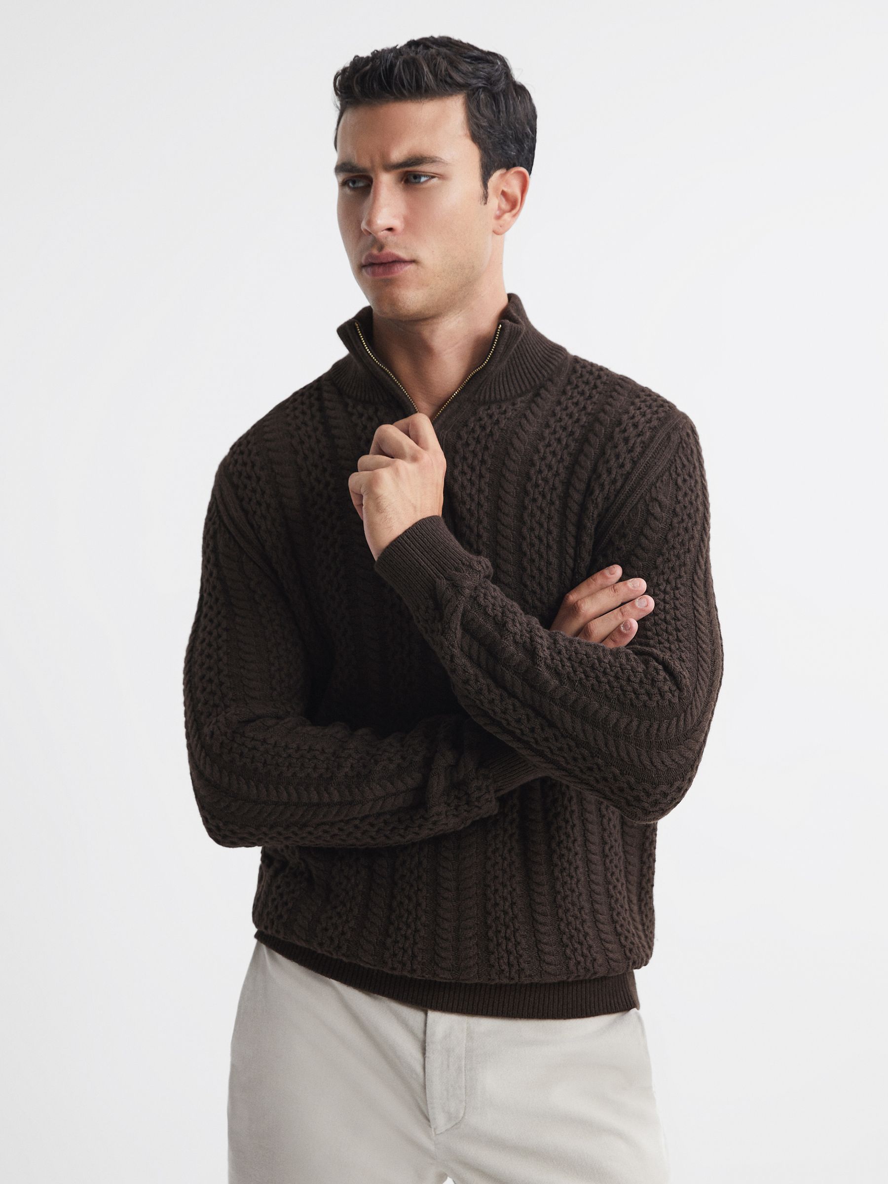 Cable Knit Half-Zip Funnel Neck Jumper in Chocolate - Image 1 of 5 Cable Knit Half-Zip Funnel Neck Jumper in Chocolate - Image 1 of 5
