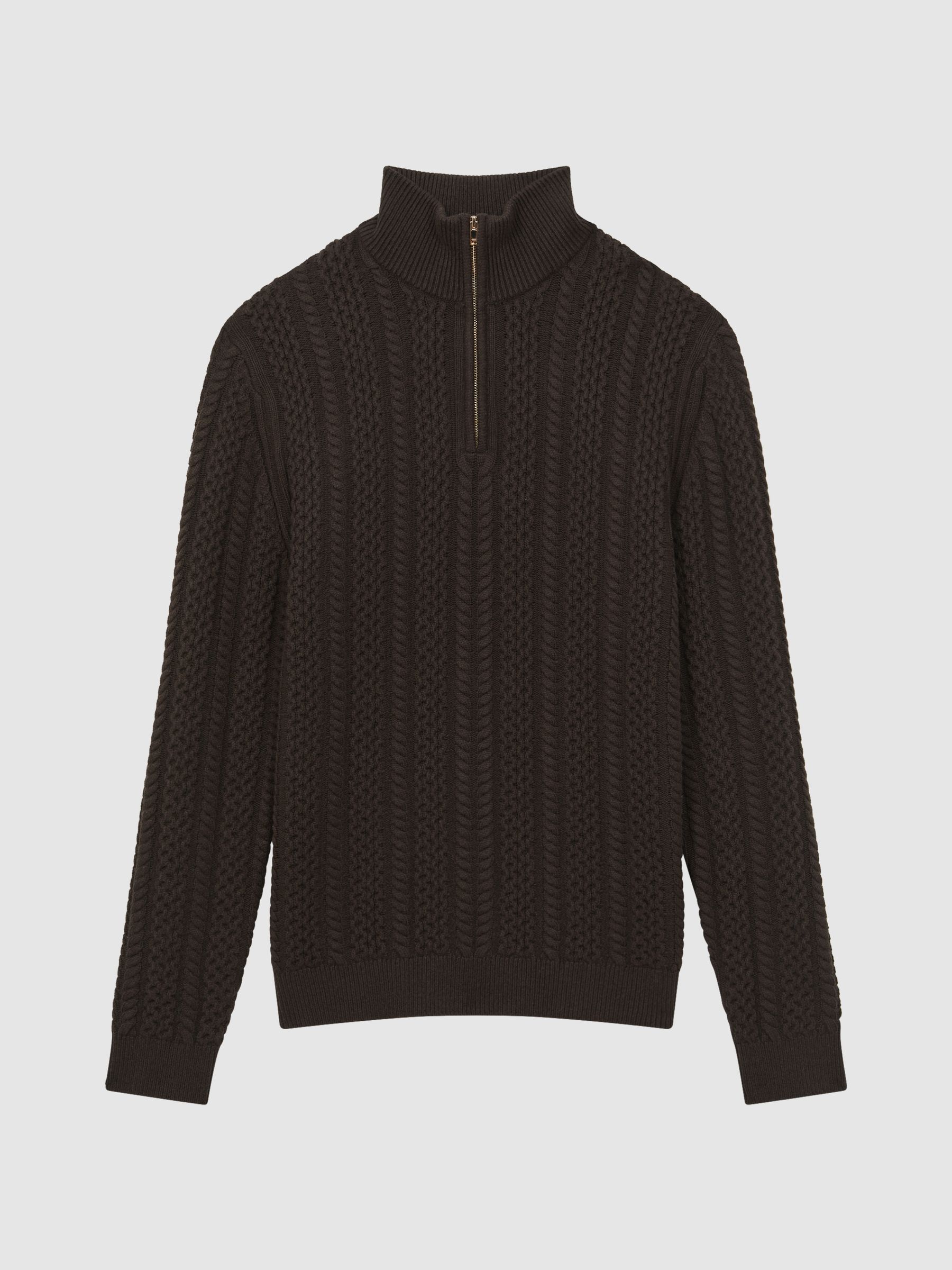 Cable Knit Half-Zip Funnel Neck Jumper in Chocolate - Image 2 of 5