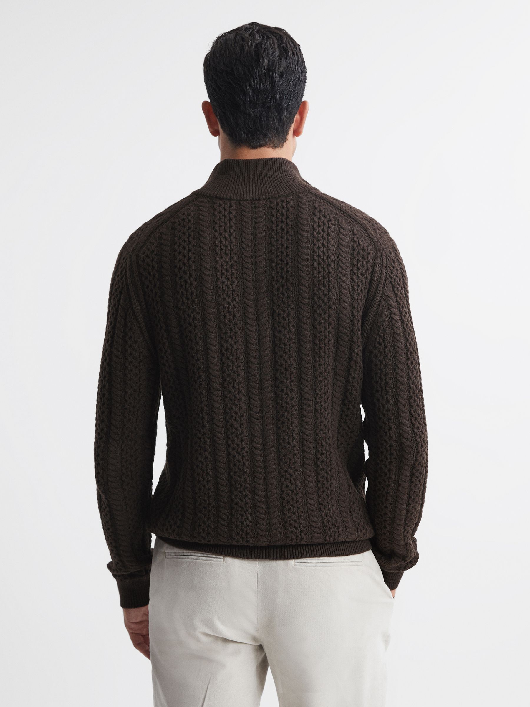 Cable Knit Half-Zip Funnel Neck Jumper in Chocolate - Image 5 of 5