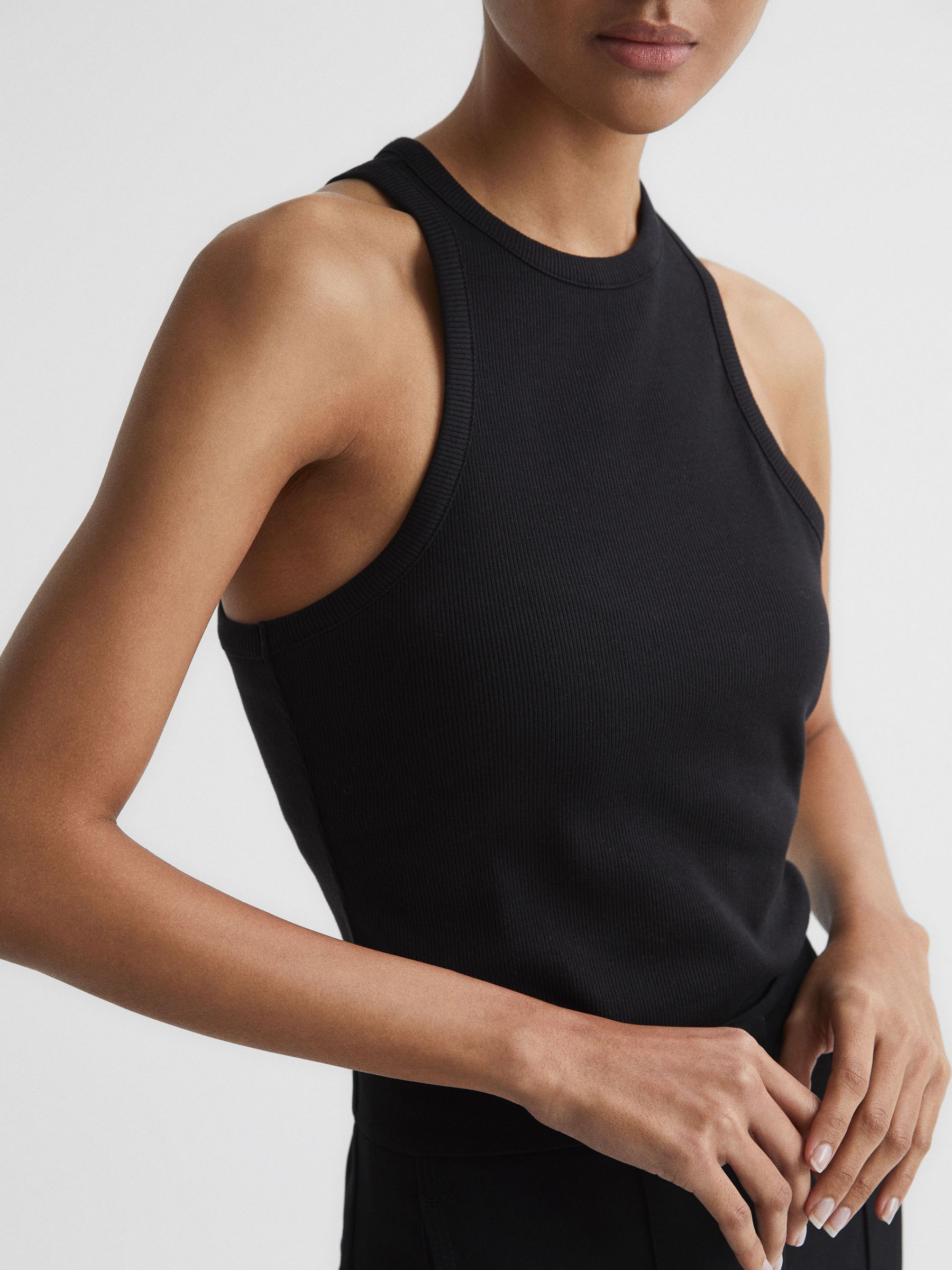 Crew Neck Ribbed Racer Vest Top in Black - Image 4 of 5